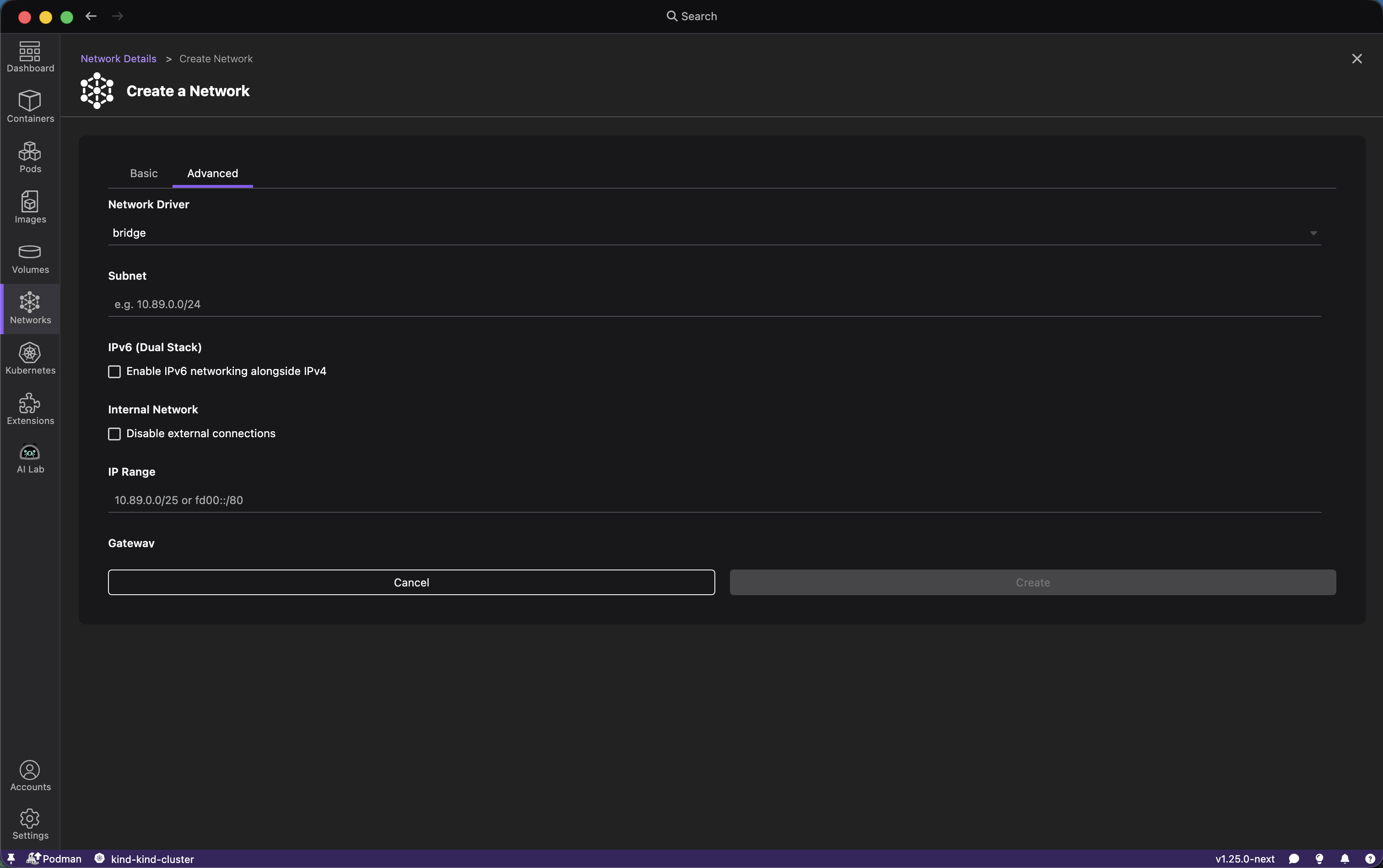 Advanced network tab in network creation