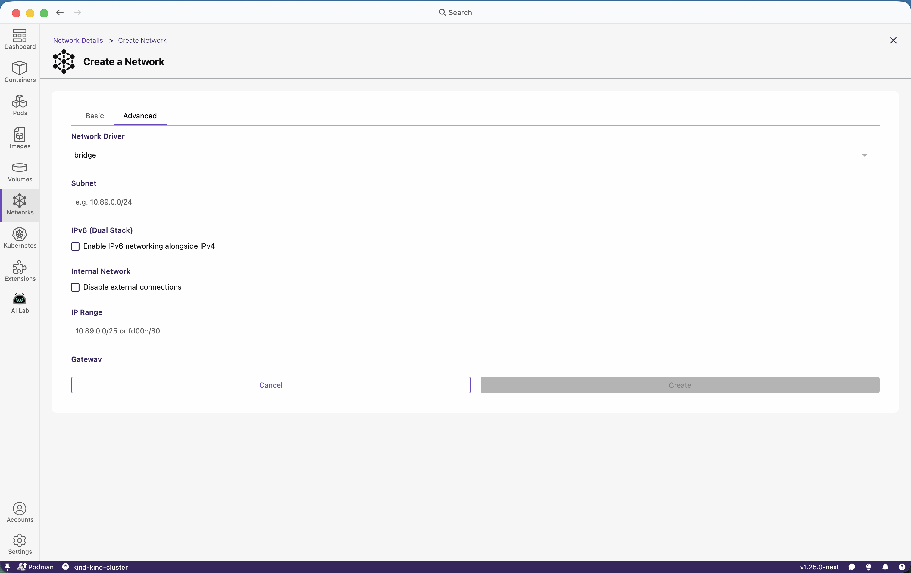Advanced network tab in network creation