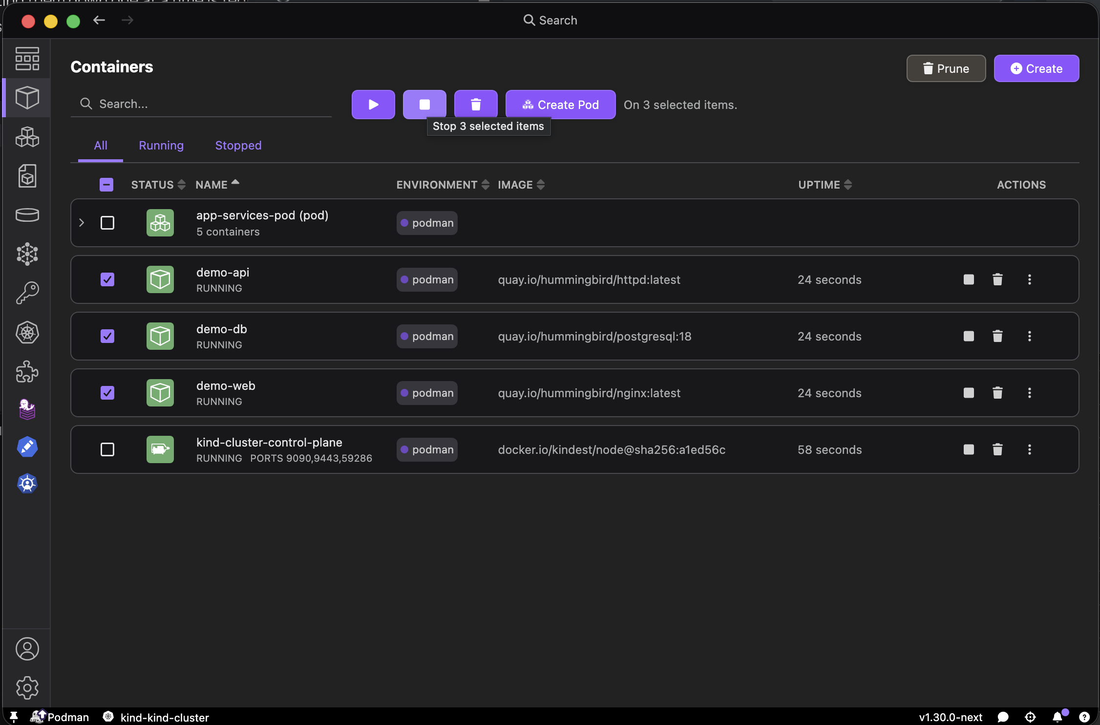 Bulk stop action in the container list