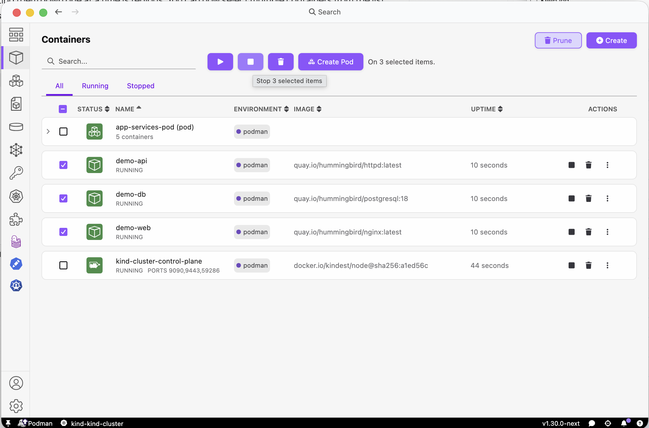 Bulk stop action in the container list