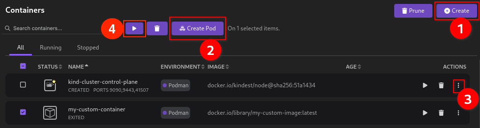 container actions