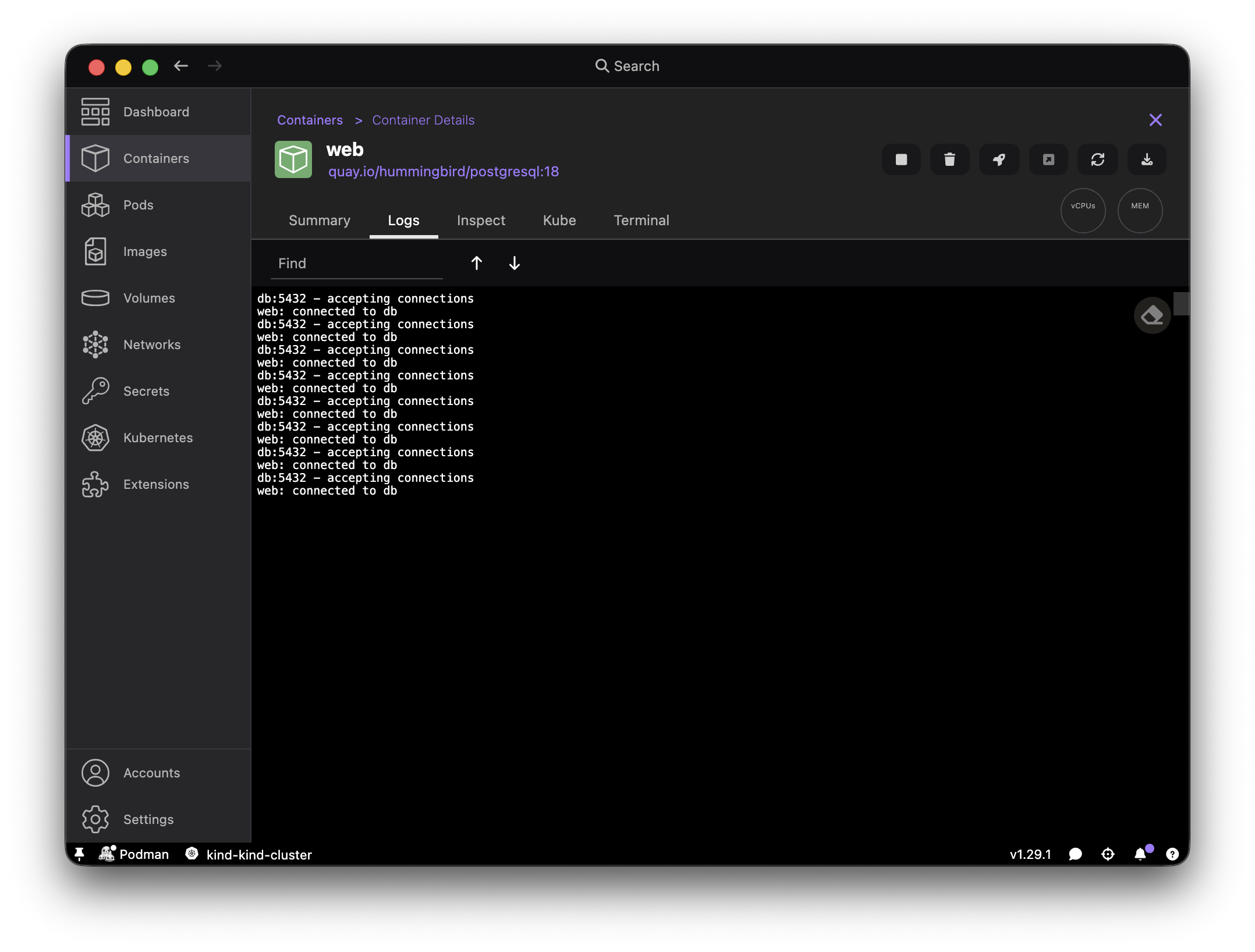 Podman Desktop web container logs showing the pg_isready loop connecting to db