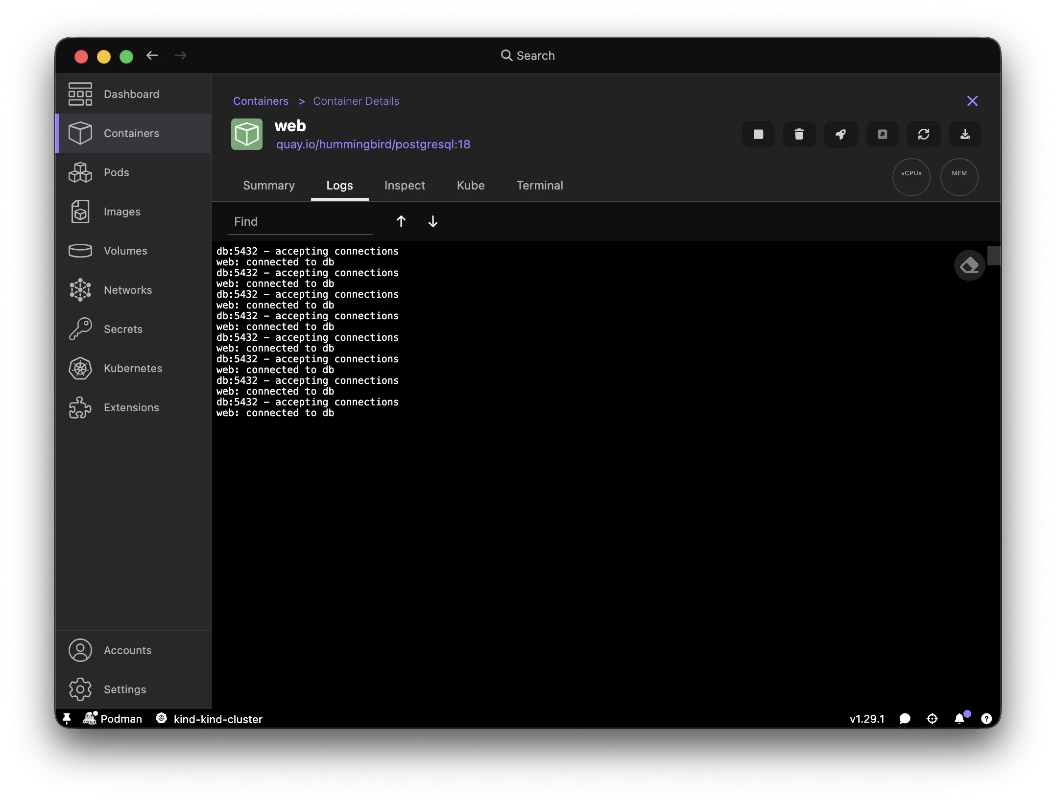 Podman Desktop web container logs showing the pg_isready loop connecting to db