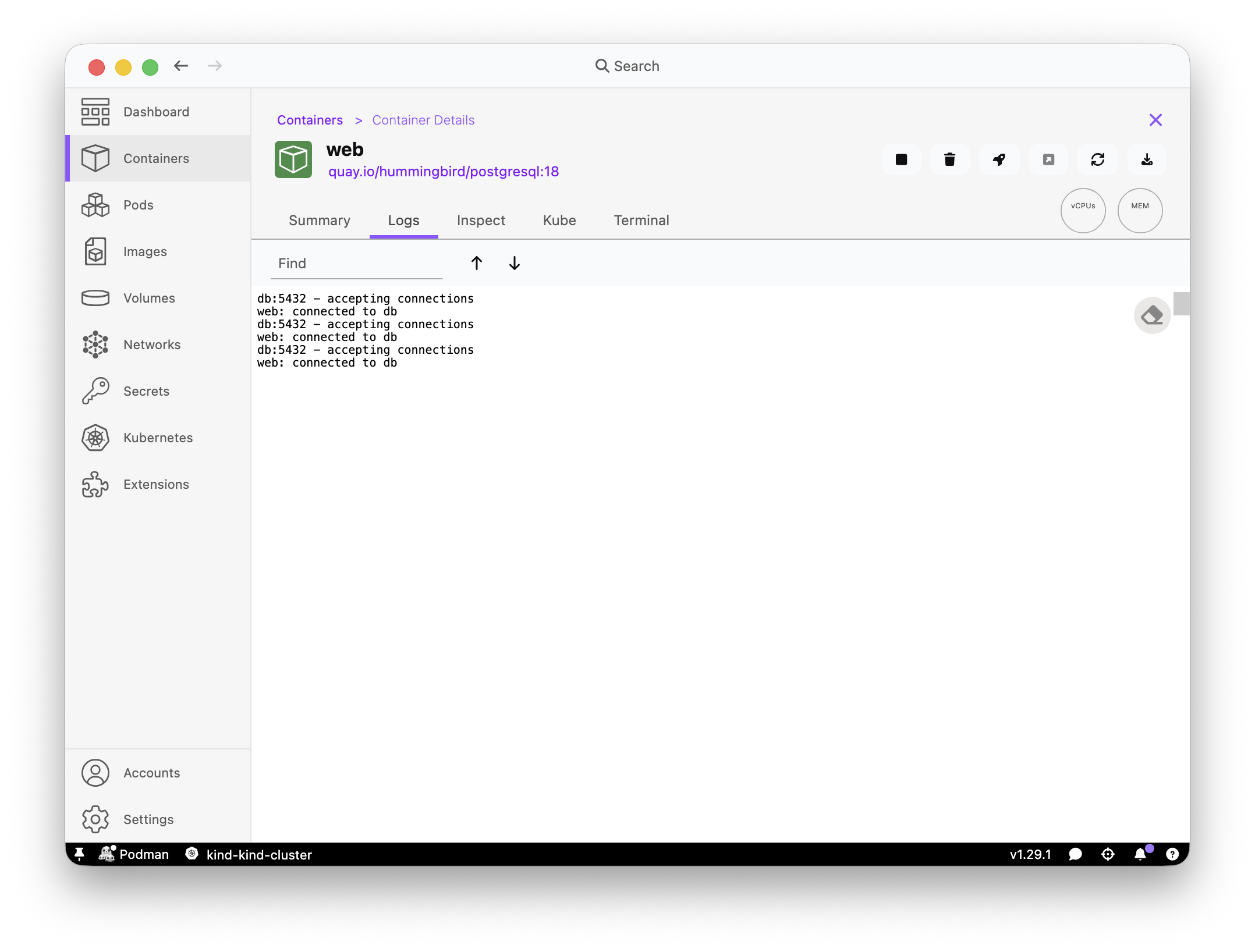 Podman Desktop web container logs showing the pg_isready loop connecting to db