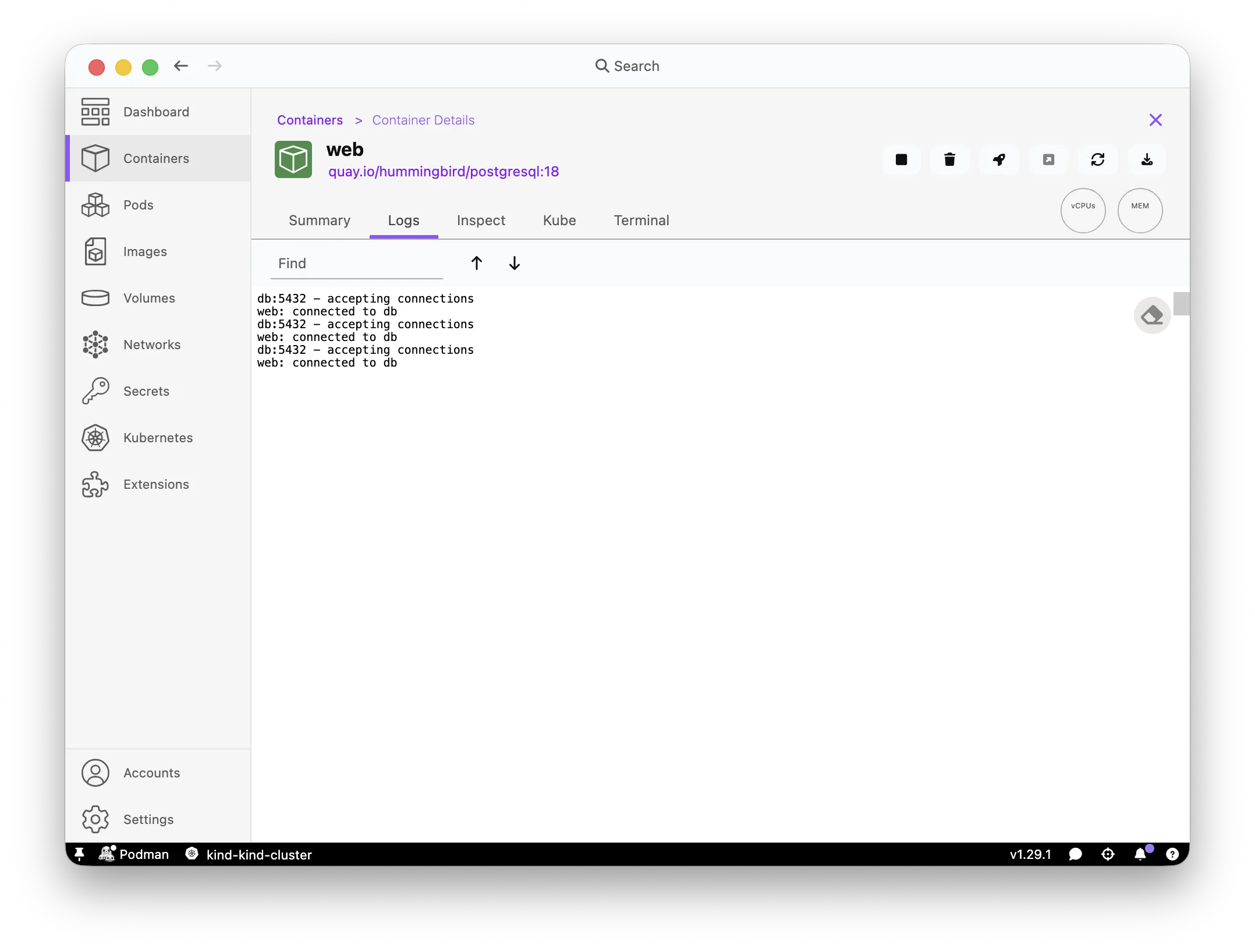 Podman Desktop web container logs showing the pg_isready loop connecting to db