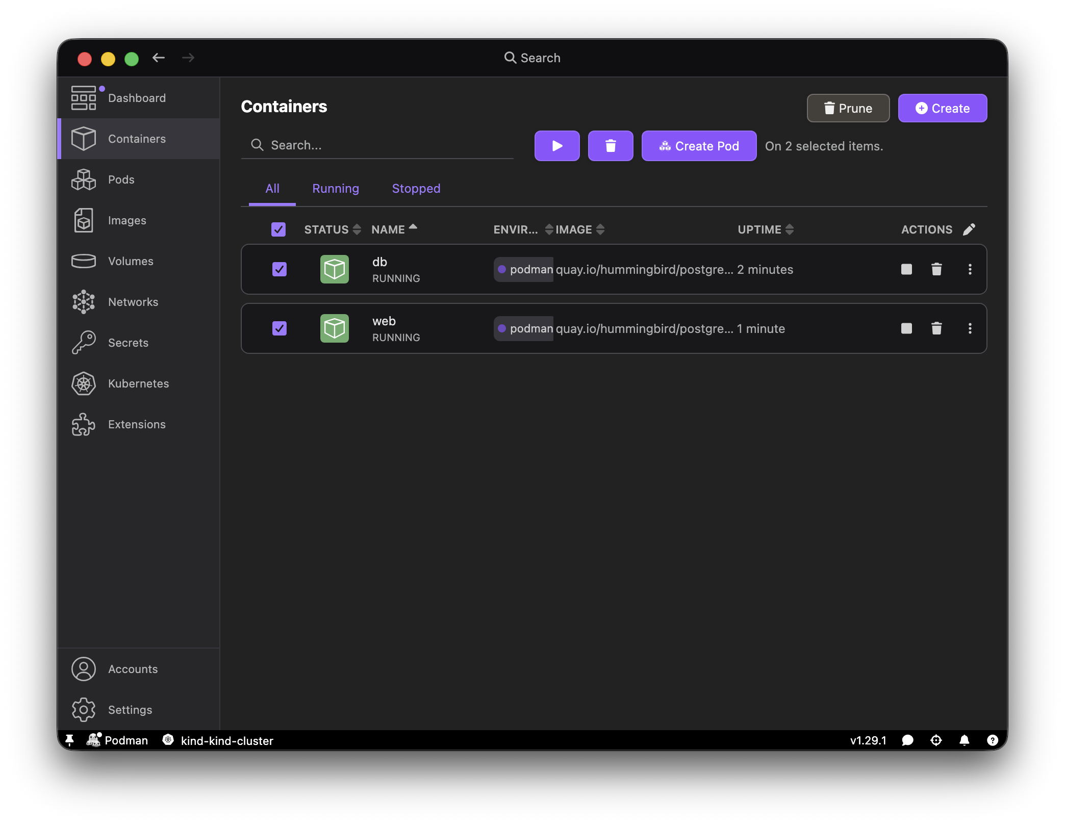 Podman Desktop select containers and Create Pod