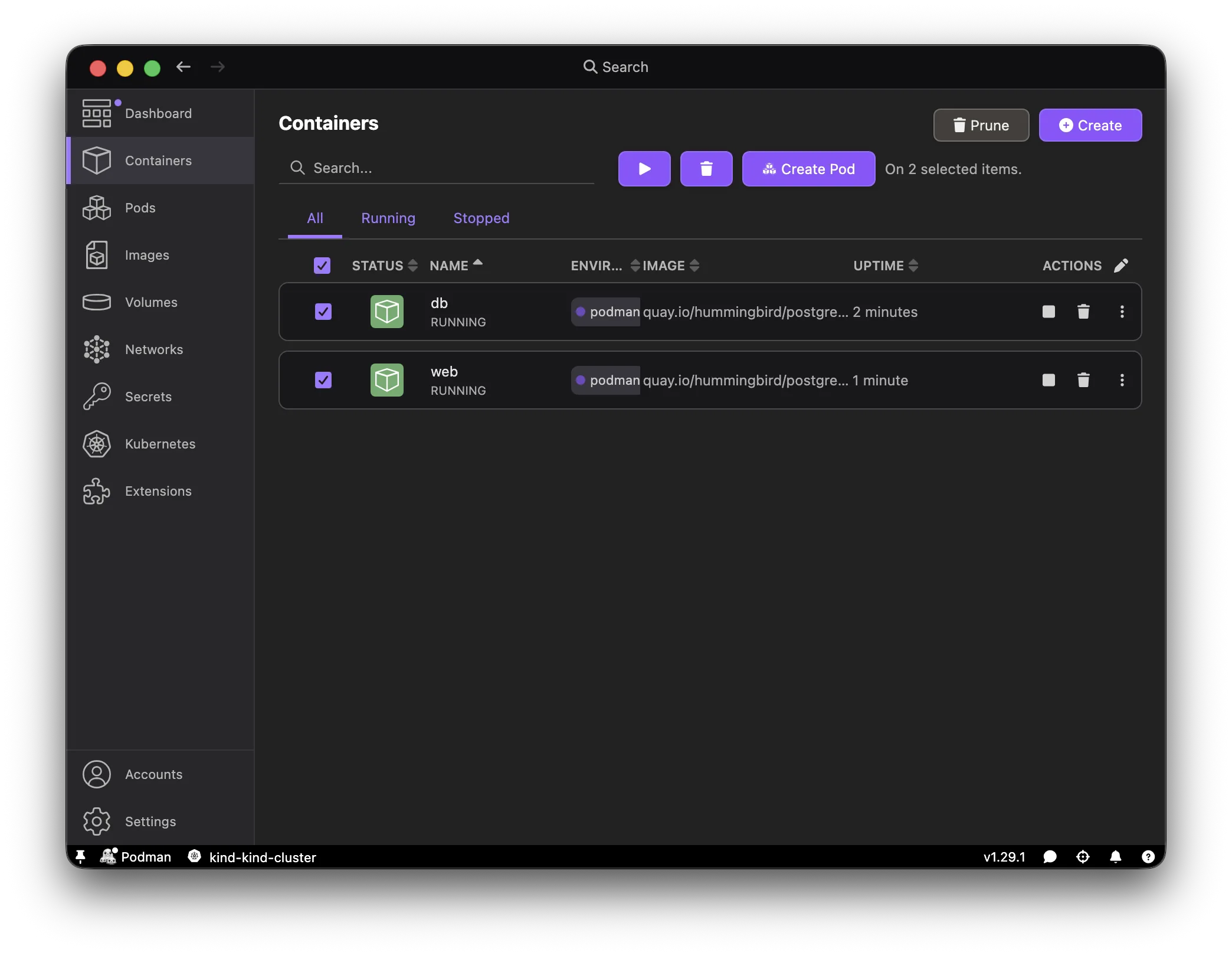 Podman Desktop select containers and Create Pod