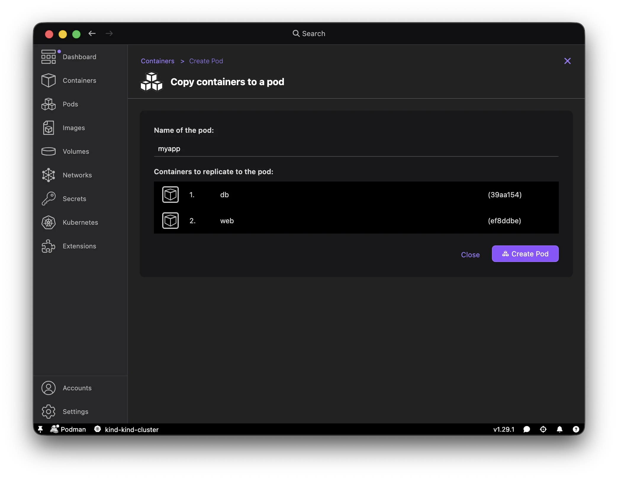 Podman Desktop Create Pod form