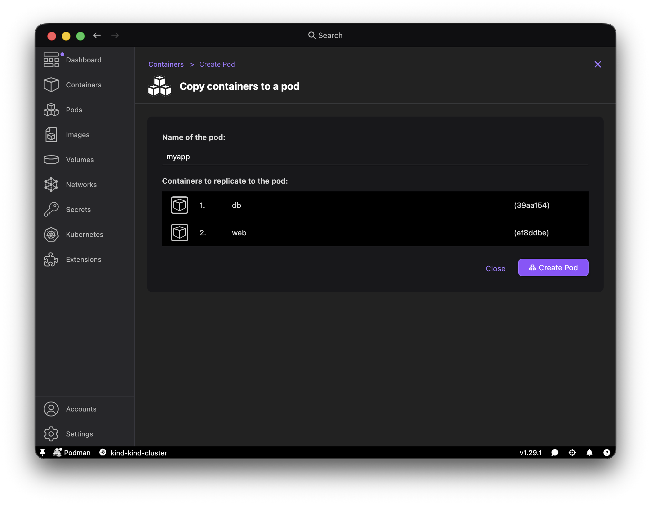 Podman Desktop Create Pod form