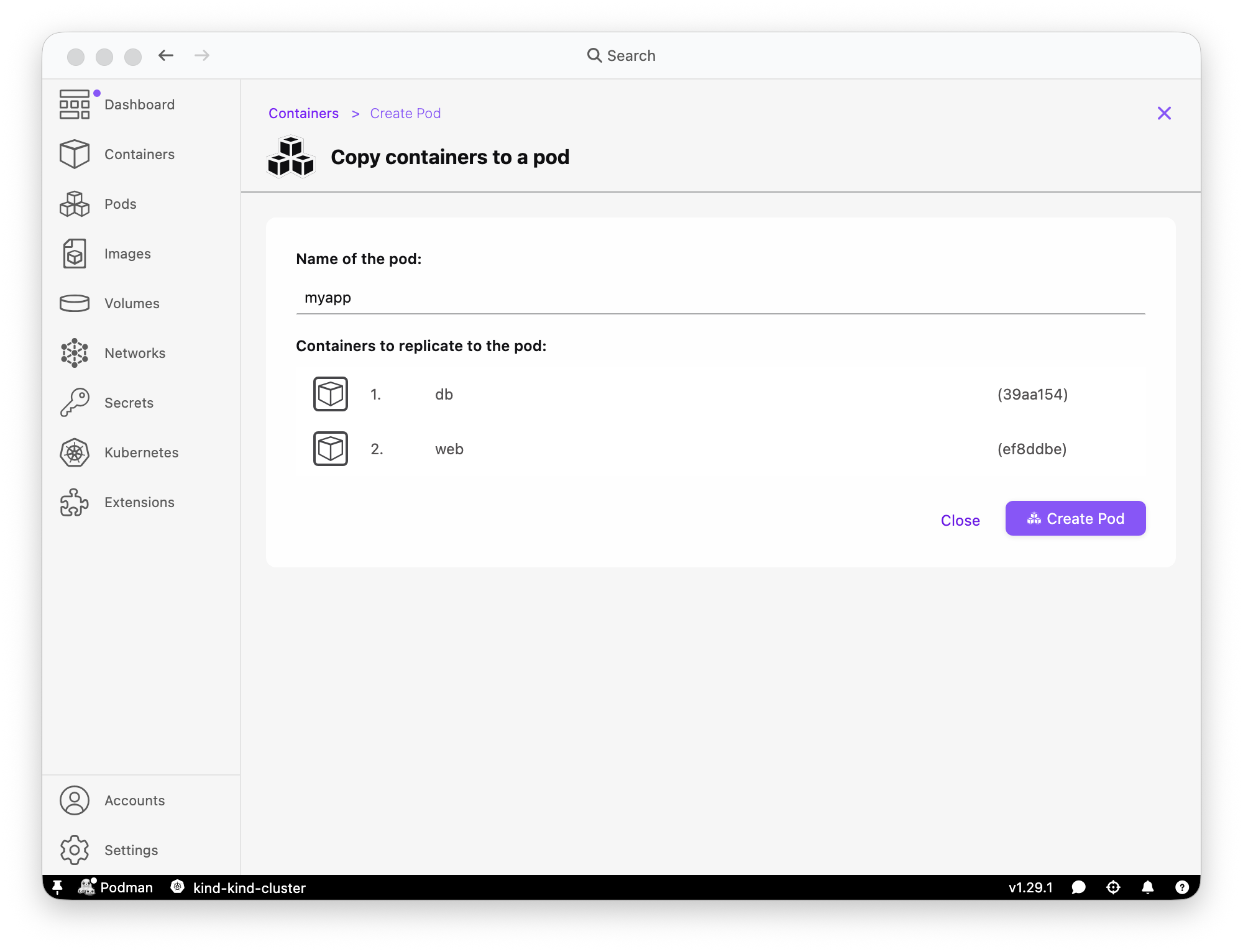 Podman Desktop Create Pod form