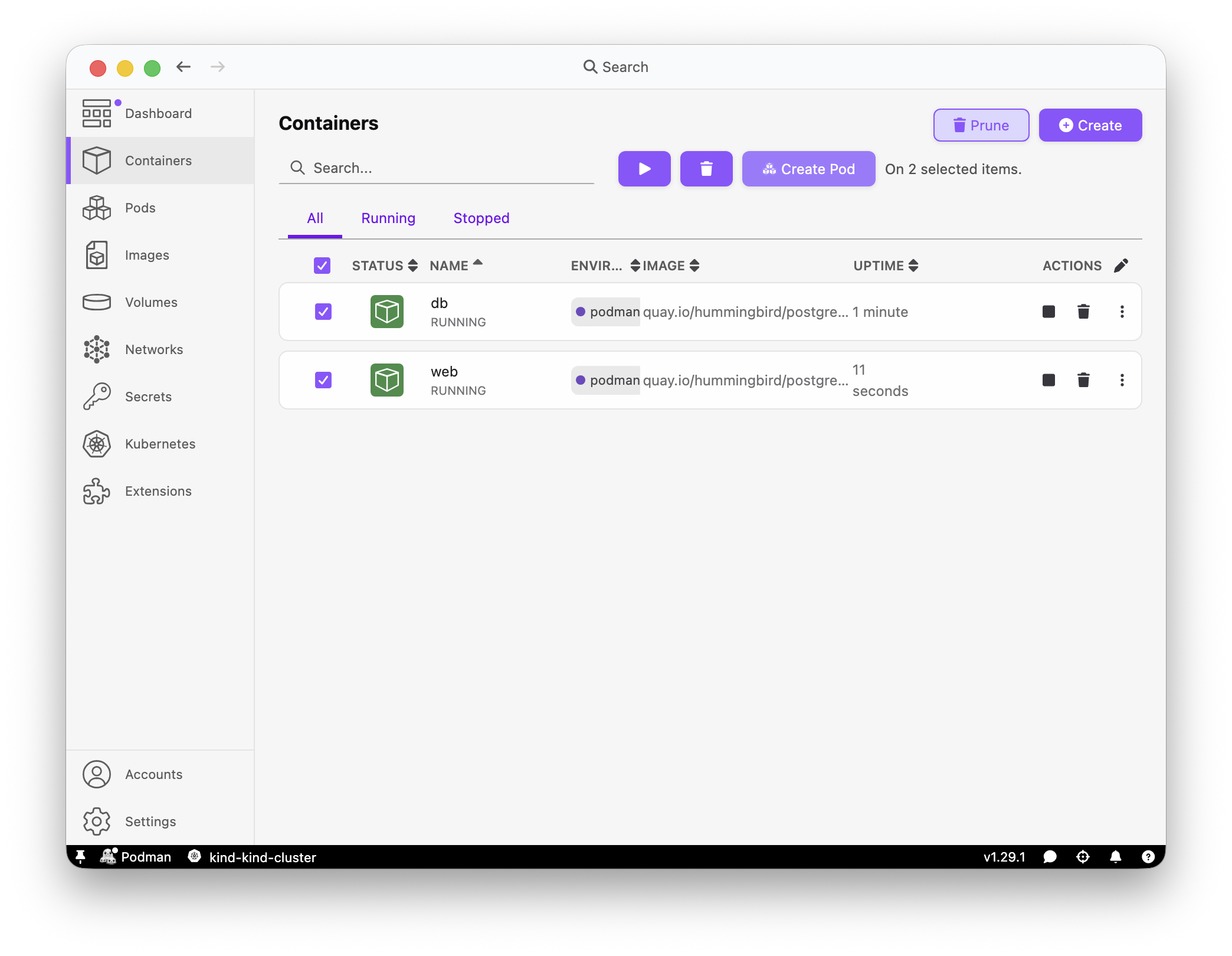 Podman Desktop select containers and Create Pod