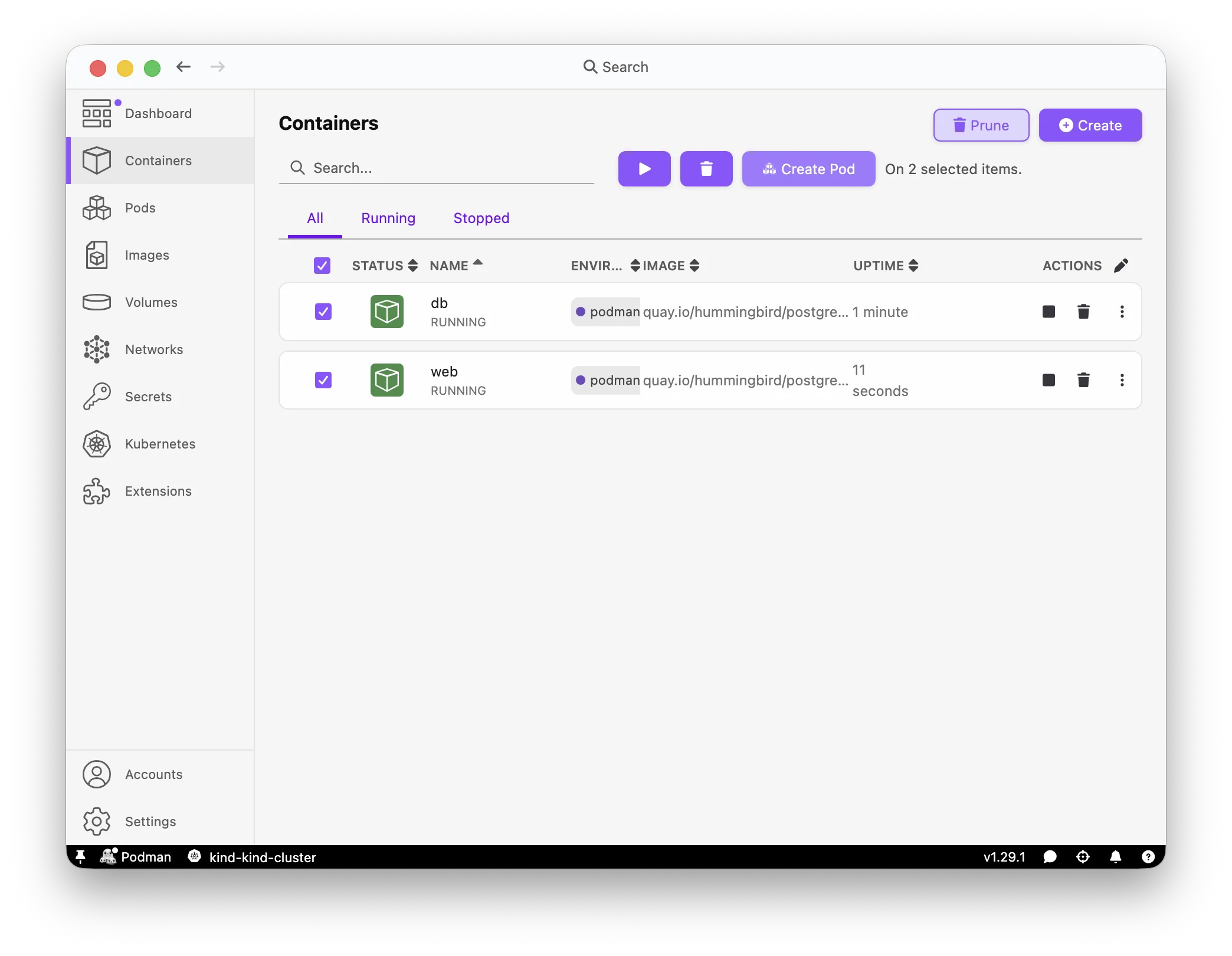 Podman Desktop select containers and Create Pod