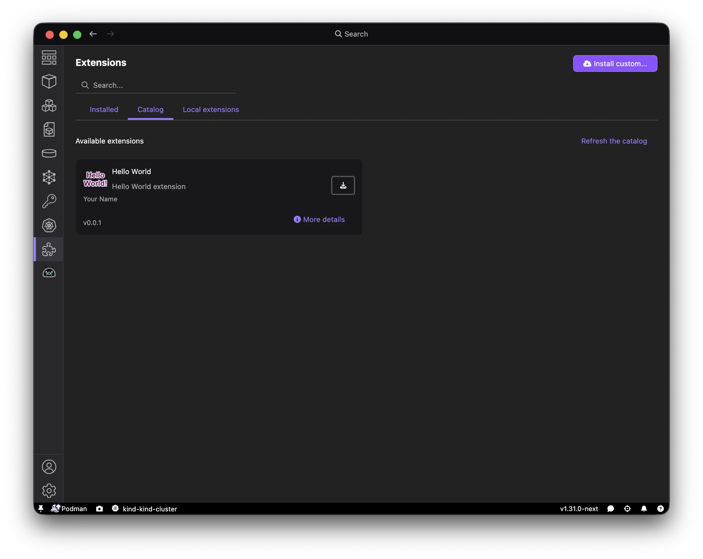 Podman Desktop Catalog view with the Hello World extension version 0.0.1
