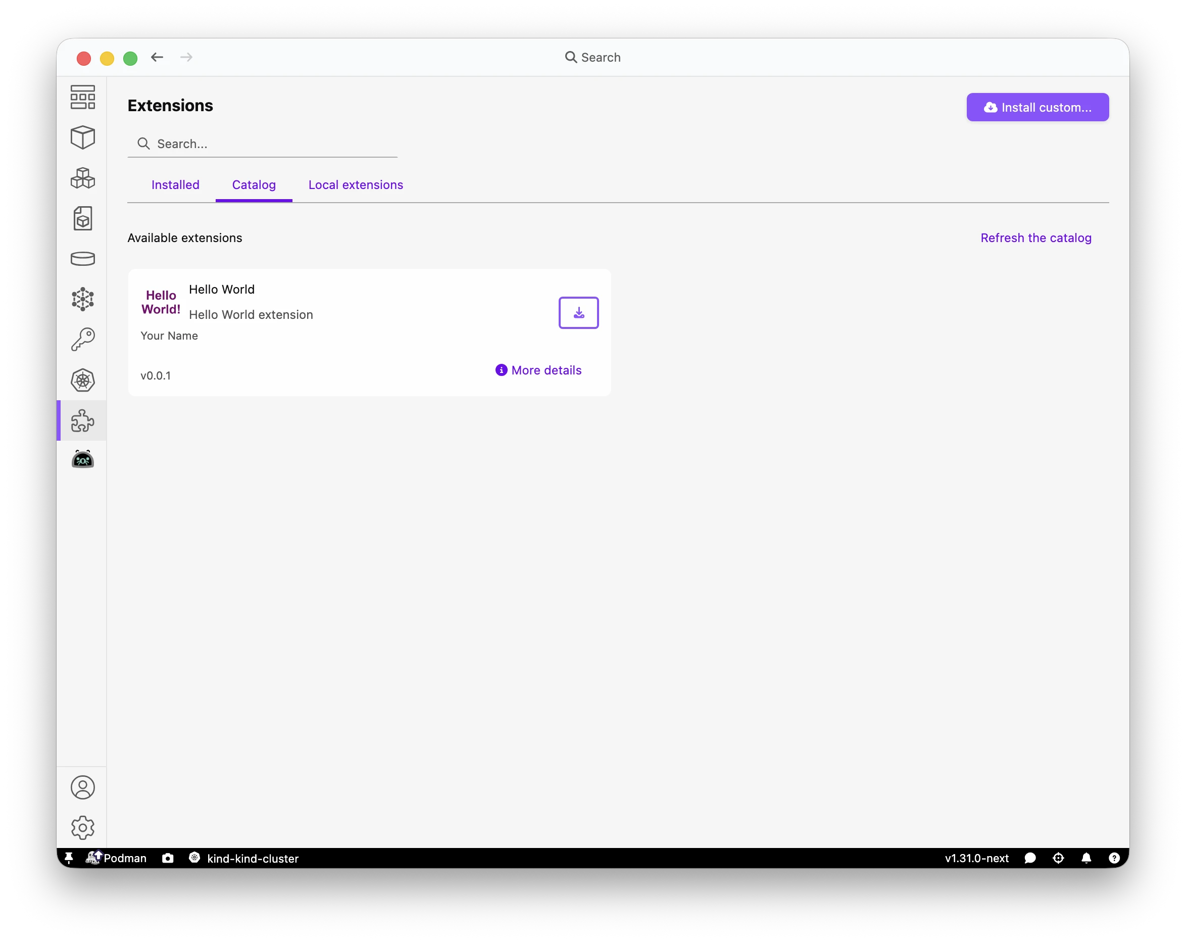 Podman Desktop Catalog view with the Hello World extension version 0.0.1