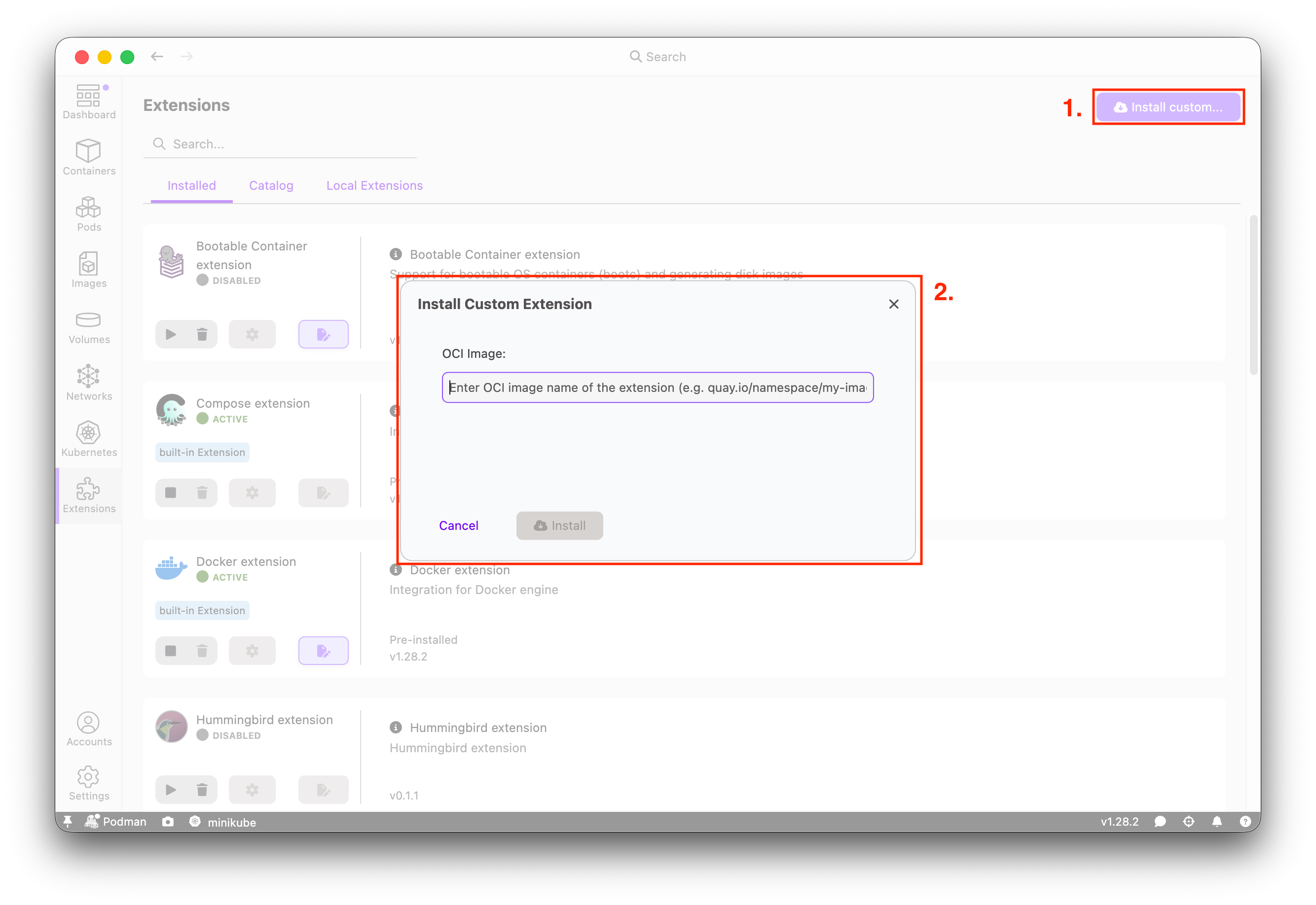 Install Custom Extension dialog