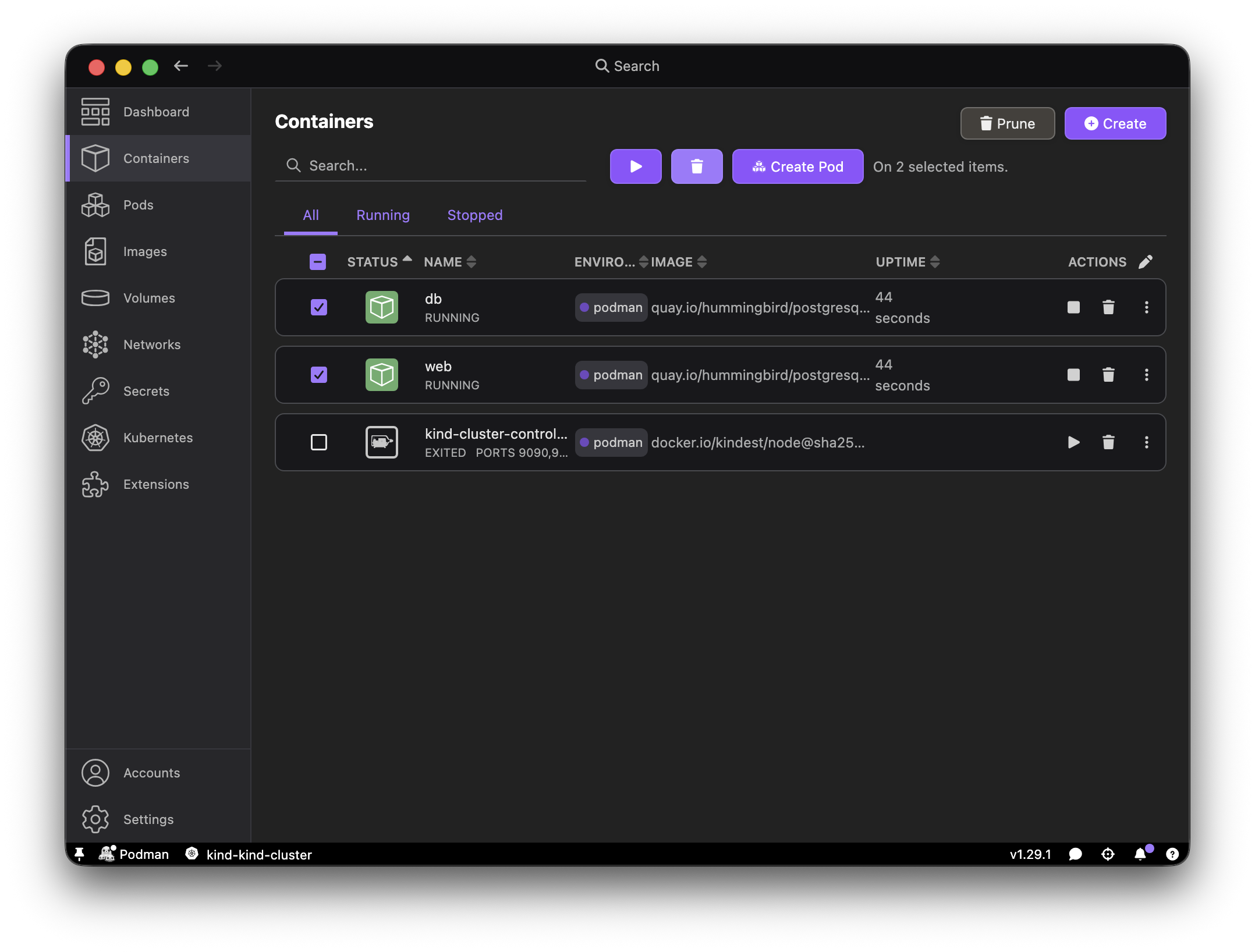 Podman Desktop Containers list with db and web selected for deletion