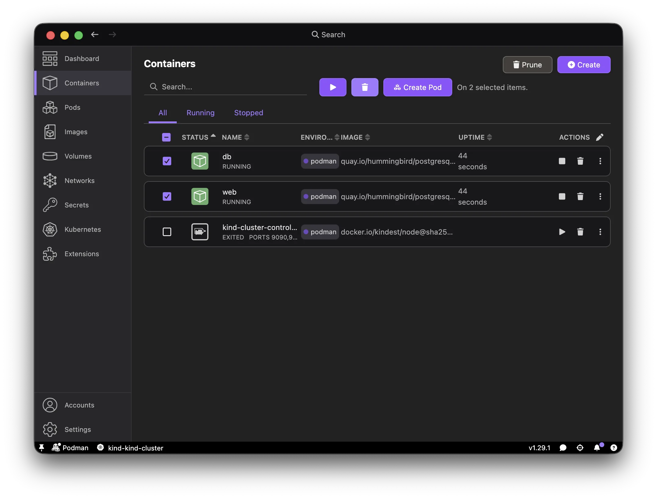 Podman Desktop Containers list with db and web selected for deletion