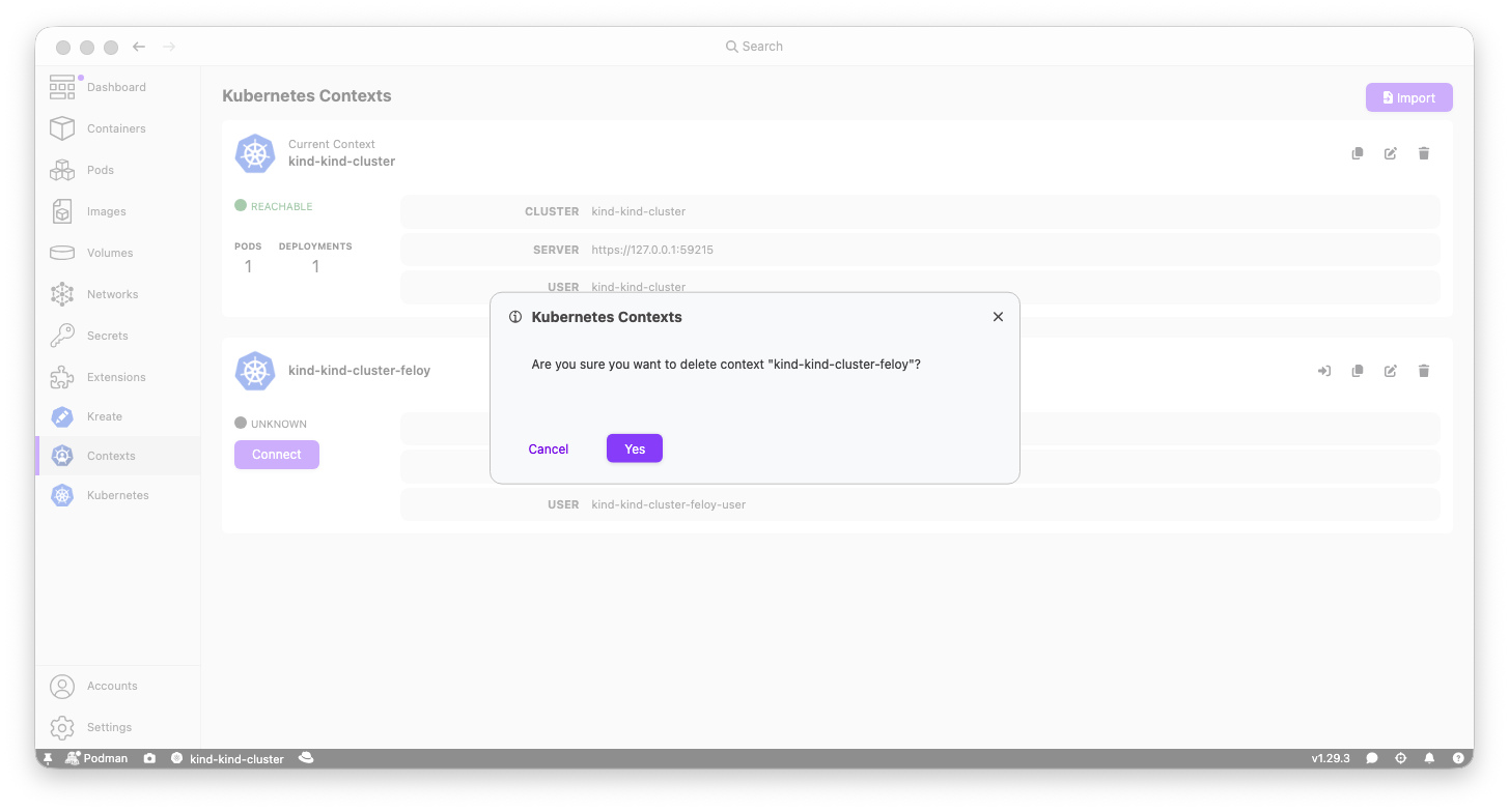 Confirmation dialog when deleting a Kubernetes context