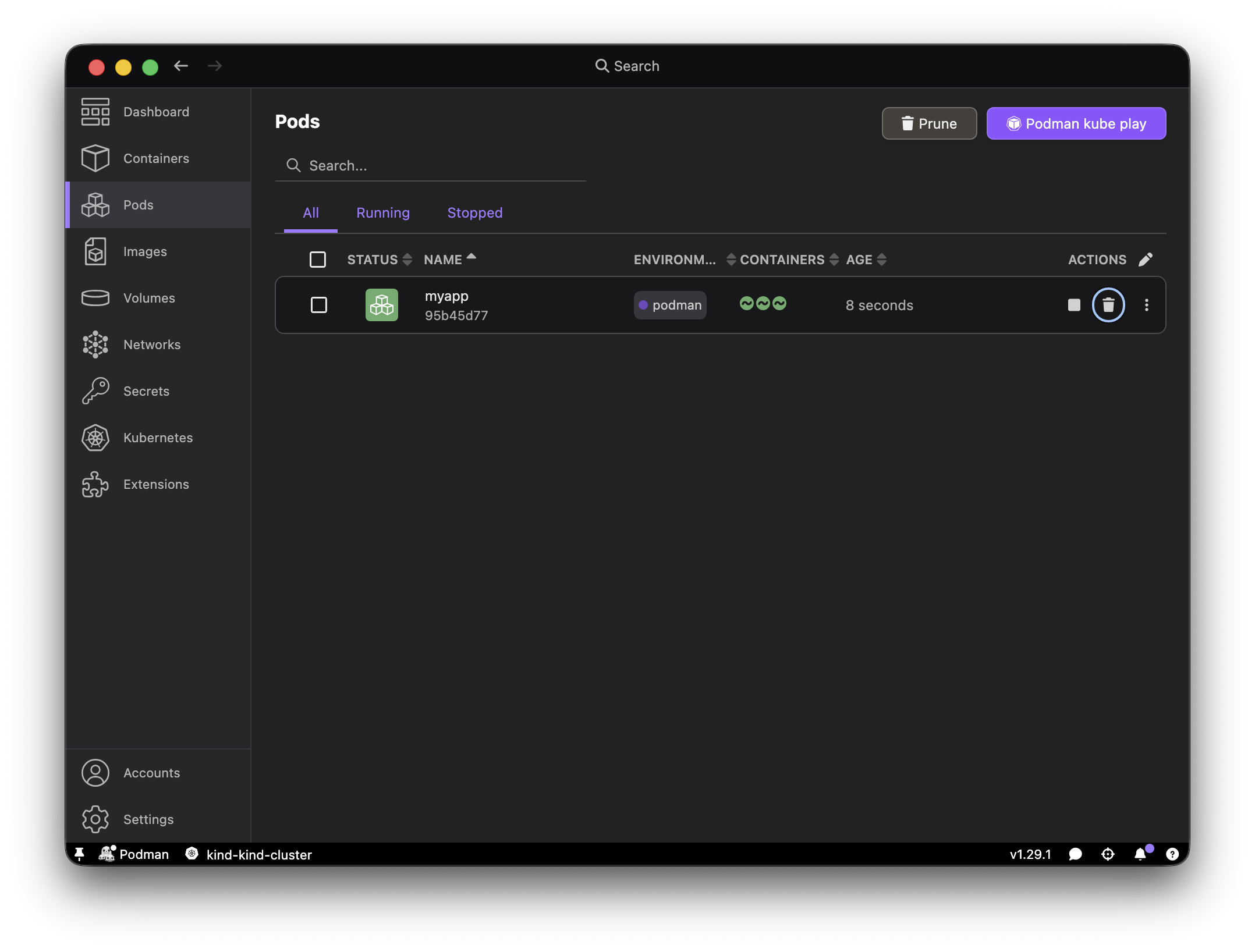 Podman Desktop Pods page with the myapp pod selected for deletion