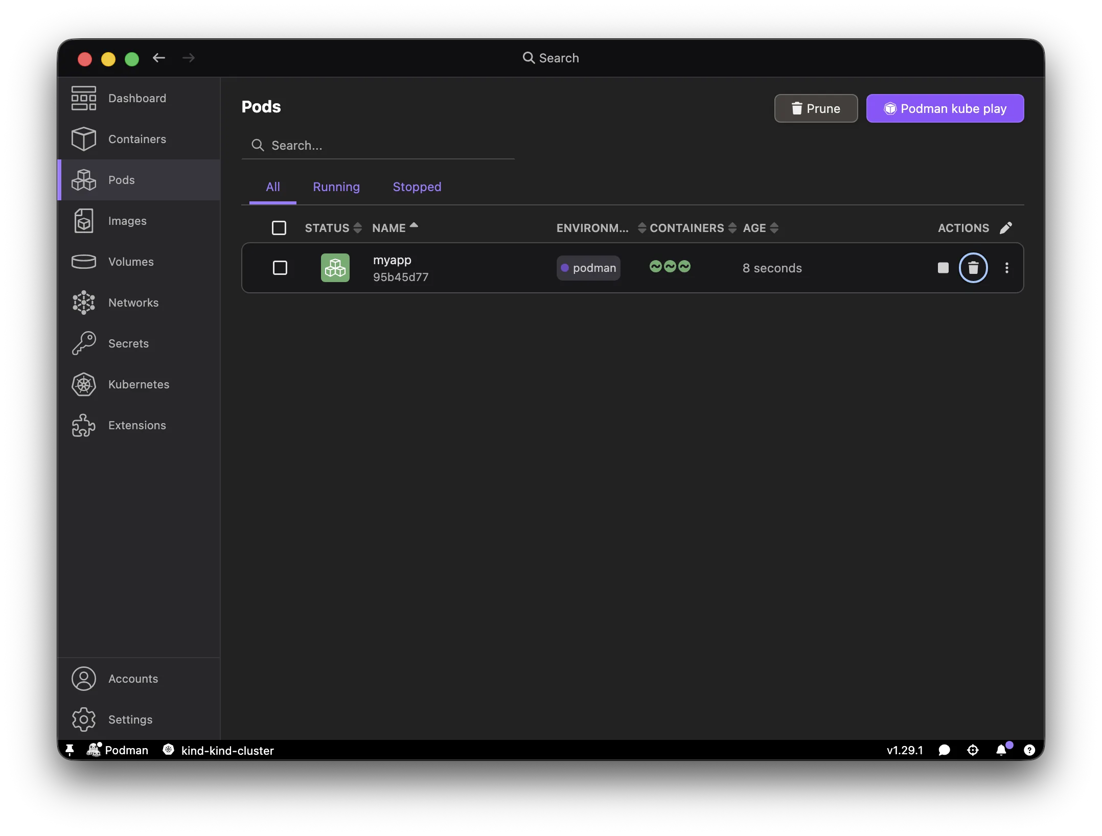 Podman Desktop Pods page with the myapp pod selected for deletion