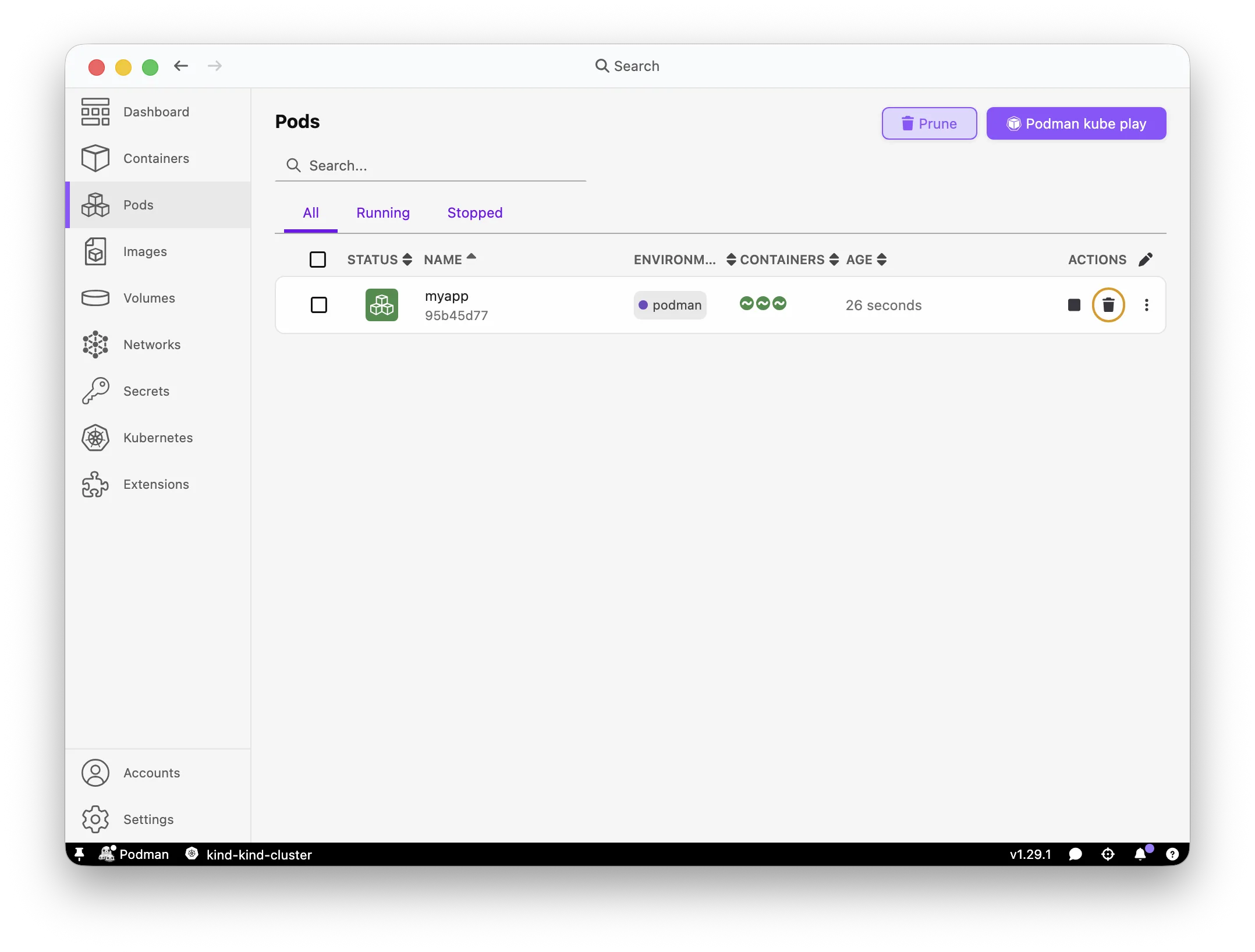 Podman Desktop Pods page with the myapp pod selected for deletion