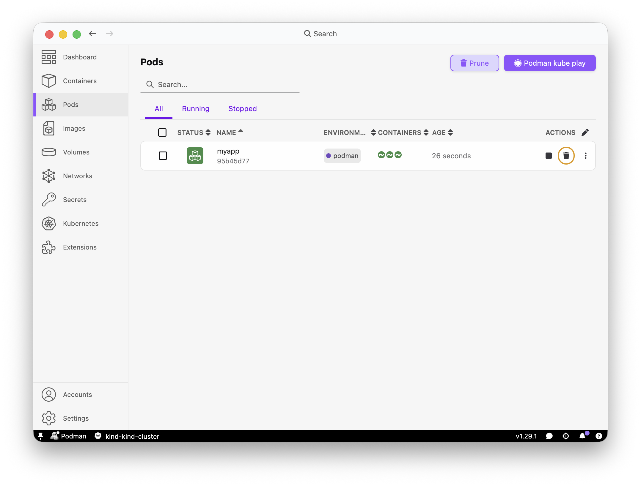 Podman Desktop Pods page with the myapp pod selected for deletion