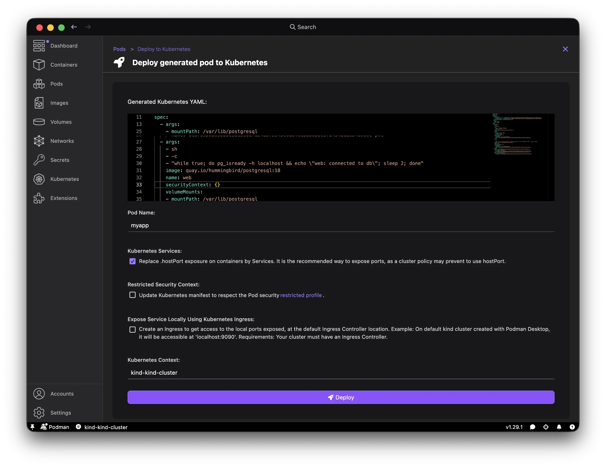 Podman Desktop Deploy to Kubernetes dialog for the myapp pod