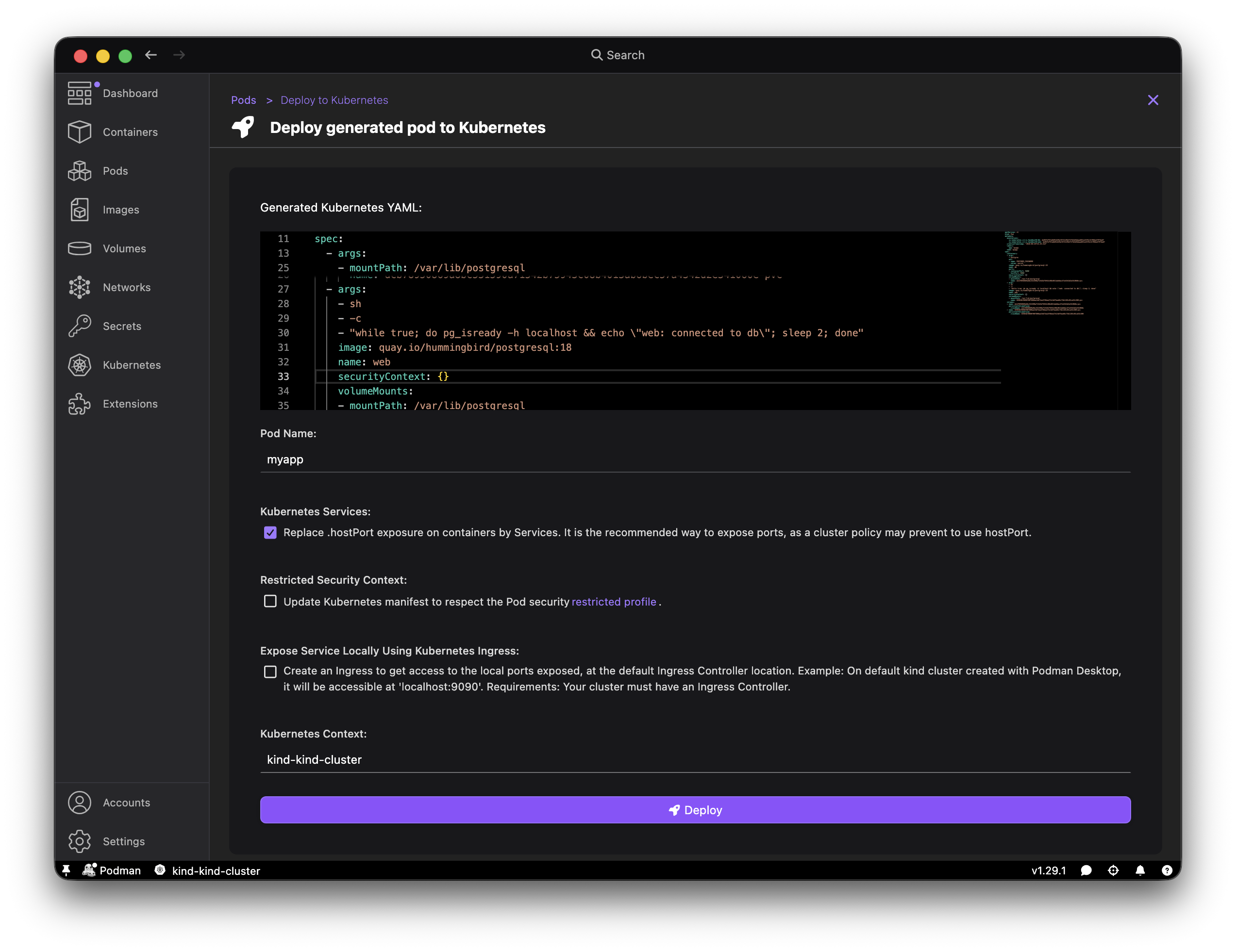 Podman Desktop Deploy to Kubernetes dialog for the myapp pod