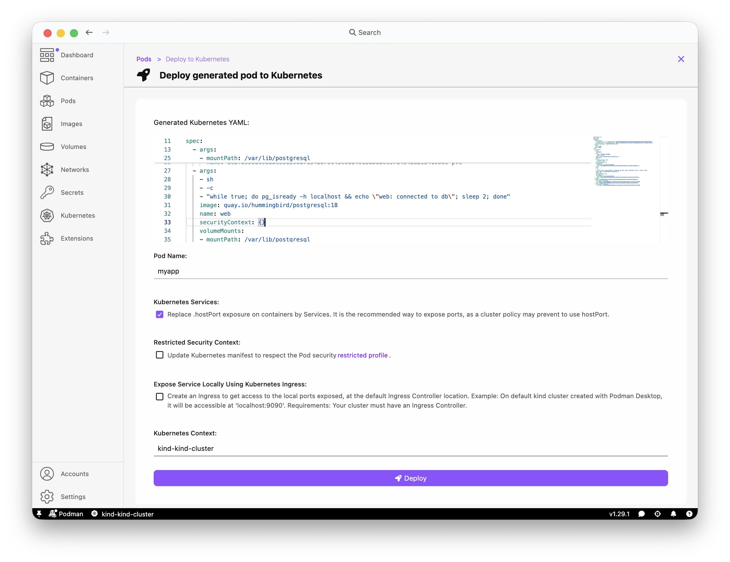 Podman Desktop Deploy to Kubernetes dialog for the myapp pod