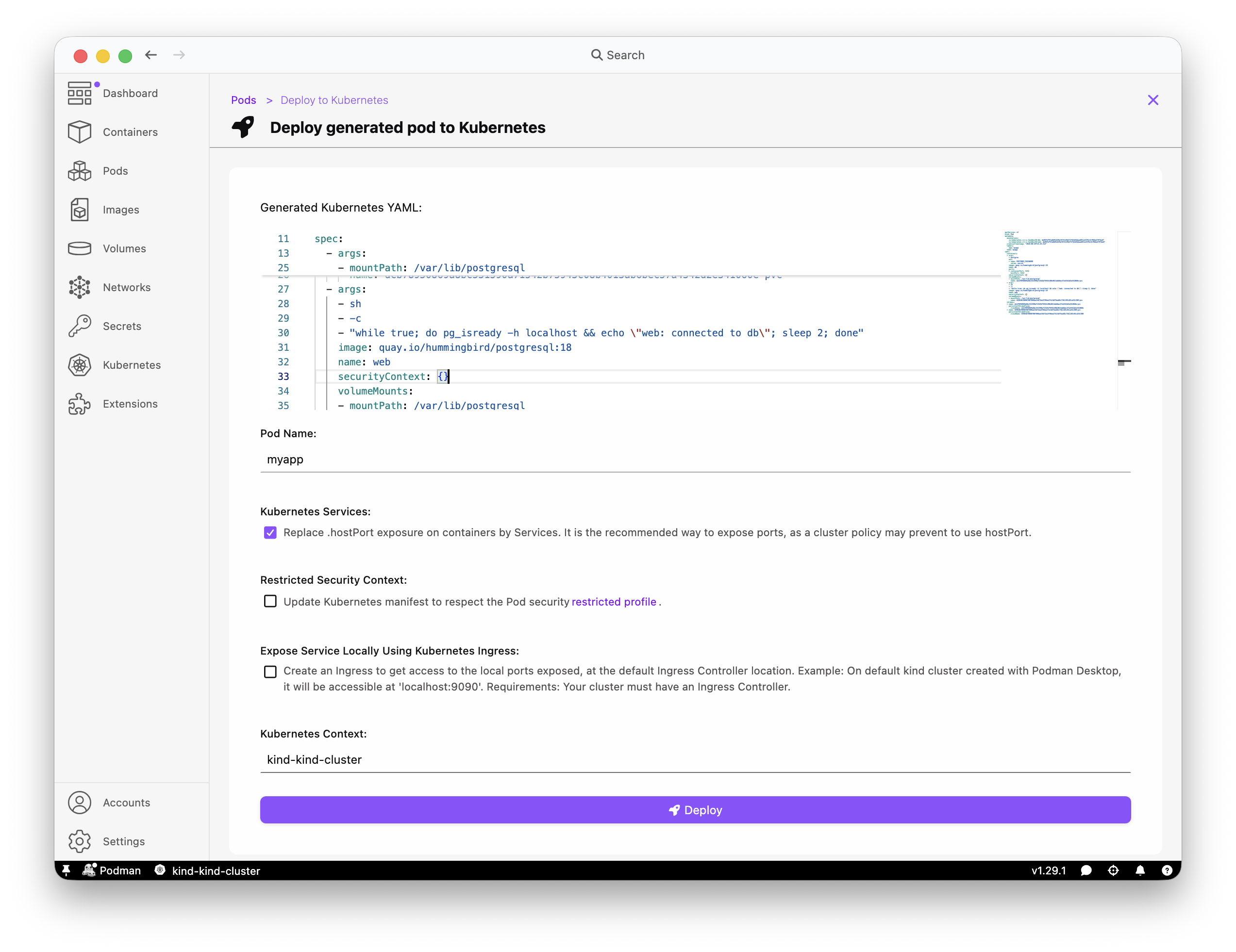 Podman Desktop Deploy to Kubernetes dialog for the myapp pod