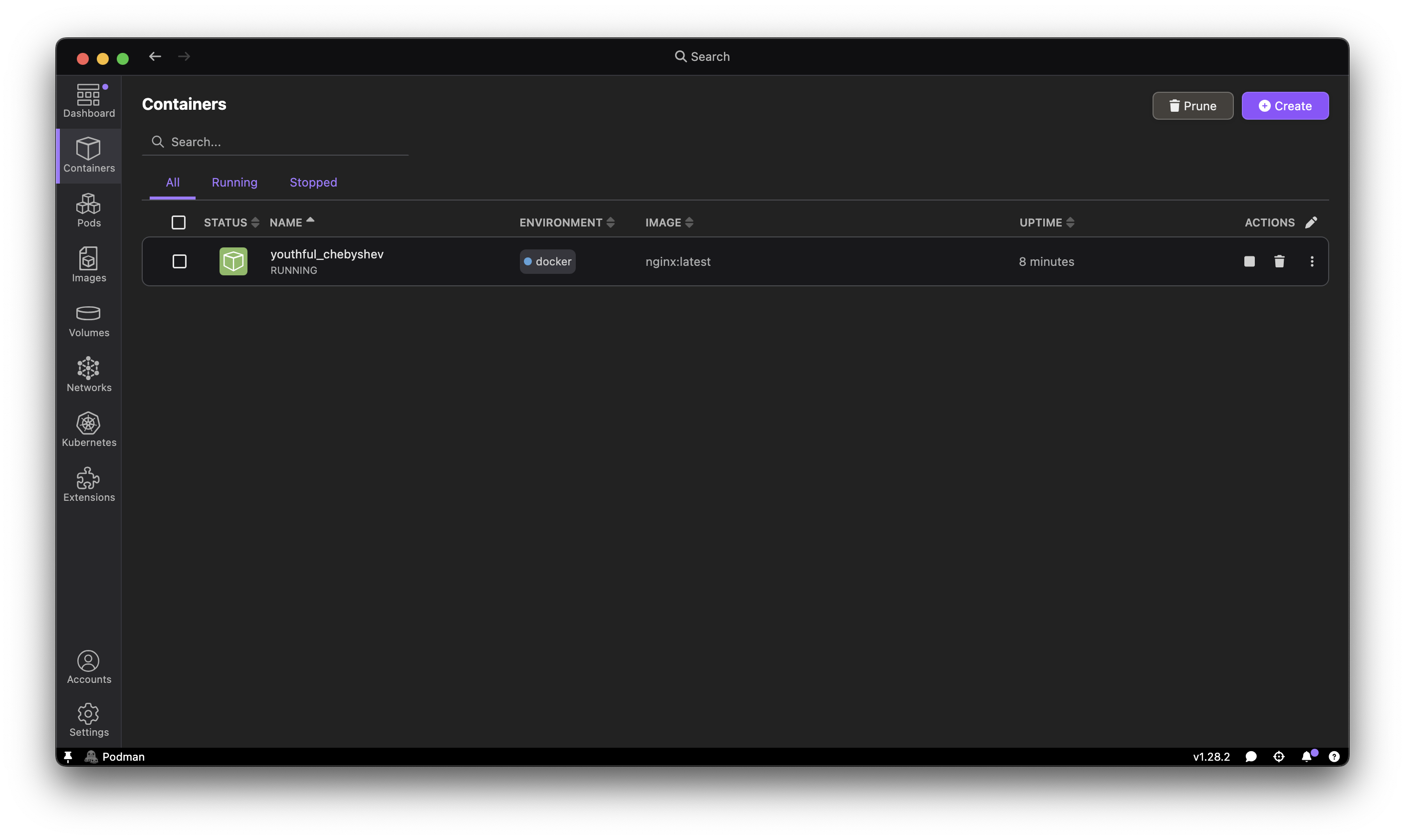 Containers tab showing Docker containers