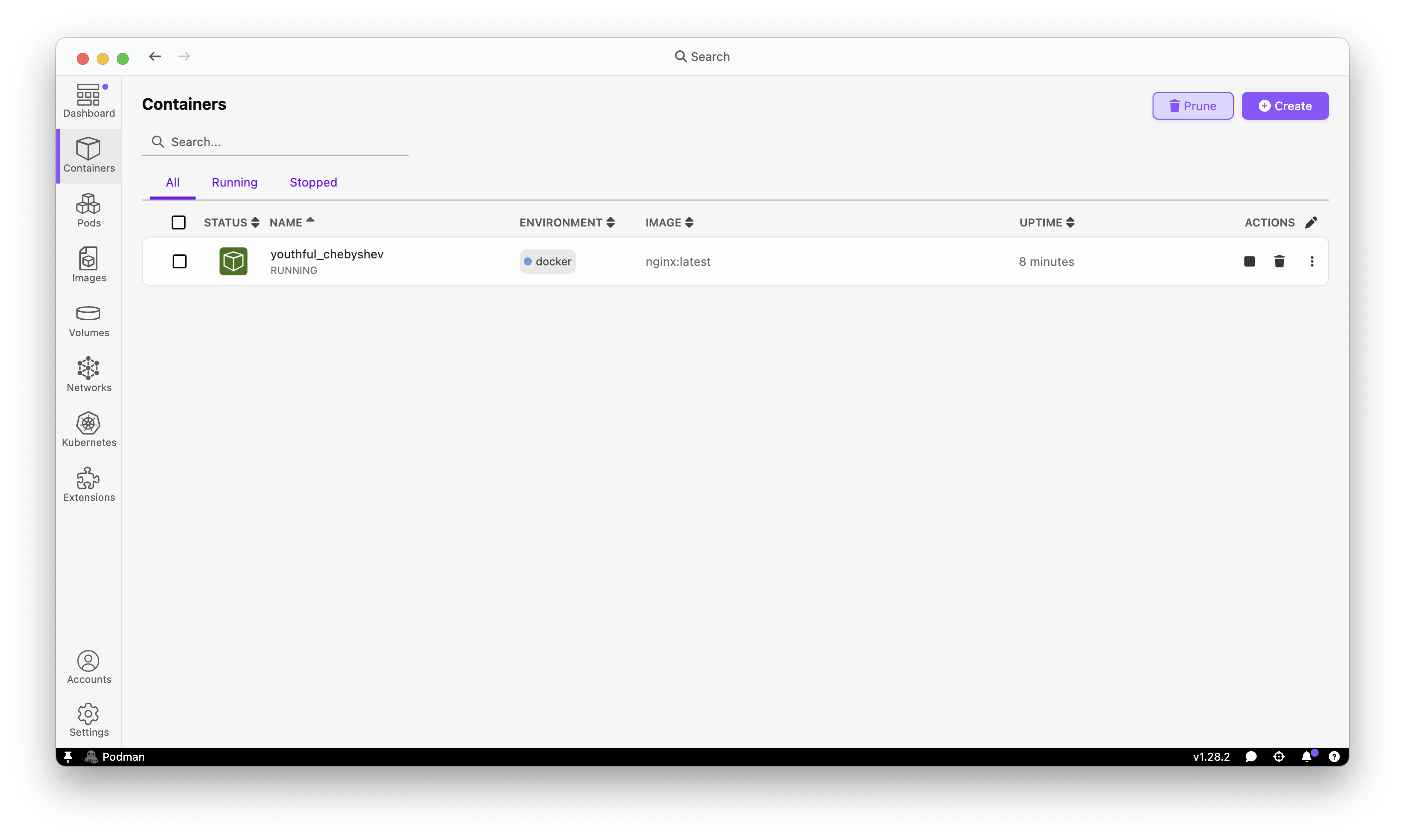 Containers tab showing Docker containers
