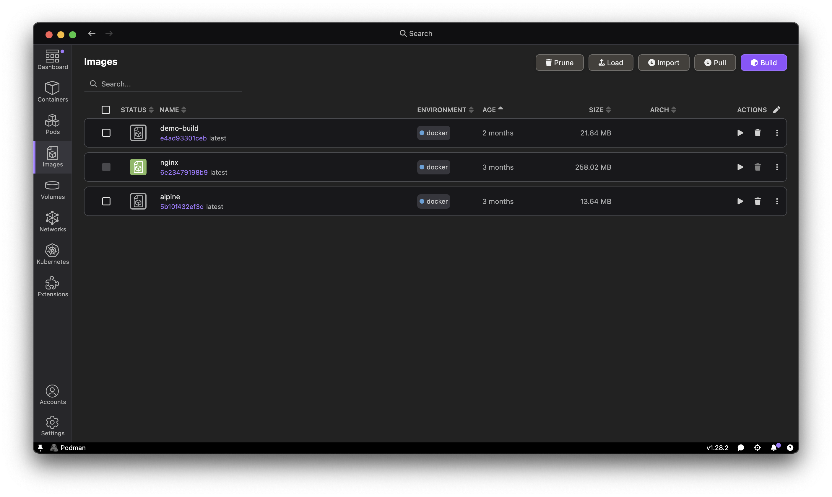 Images tab showing Docker images
