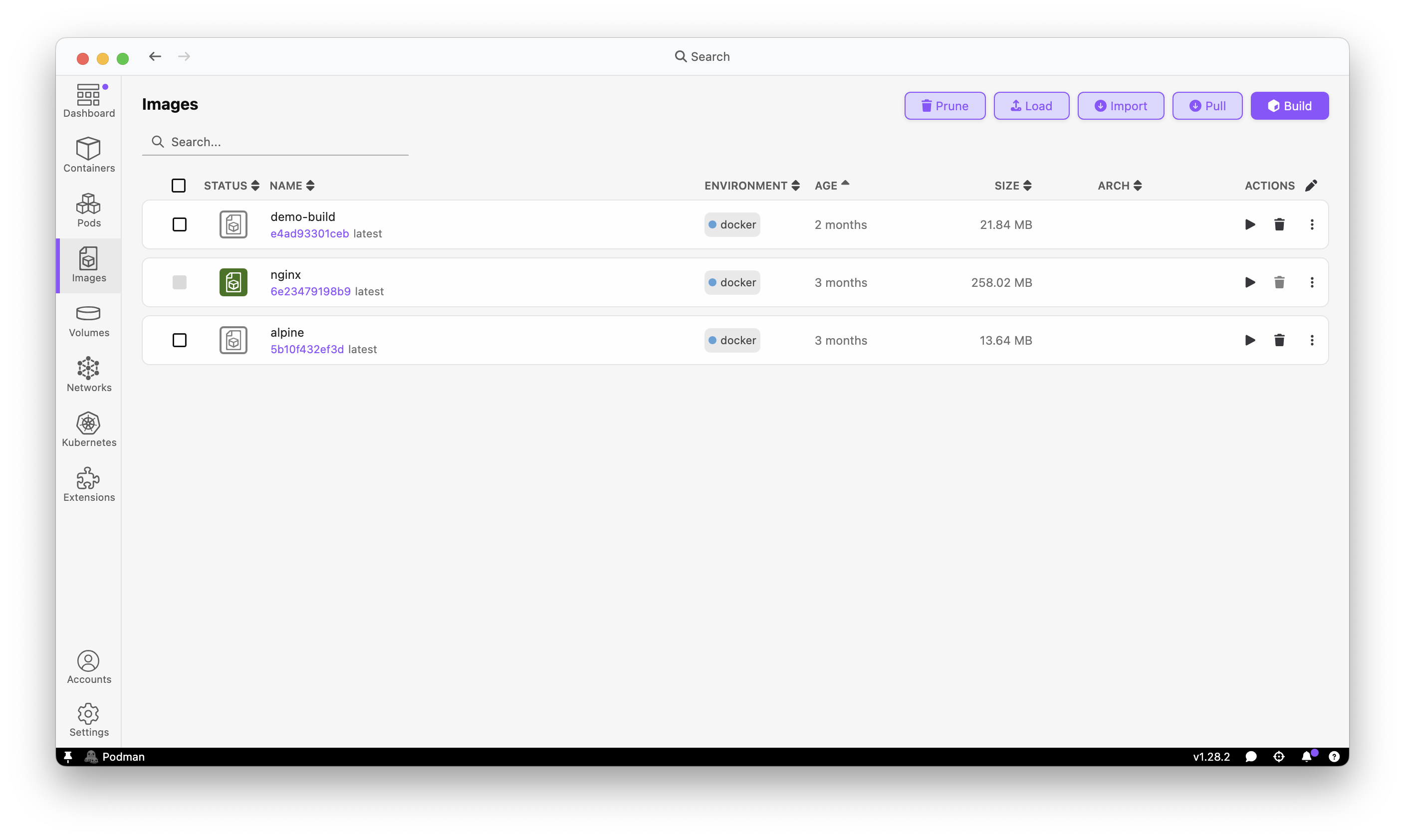 Images tab showing Docker images