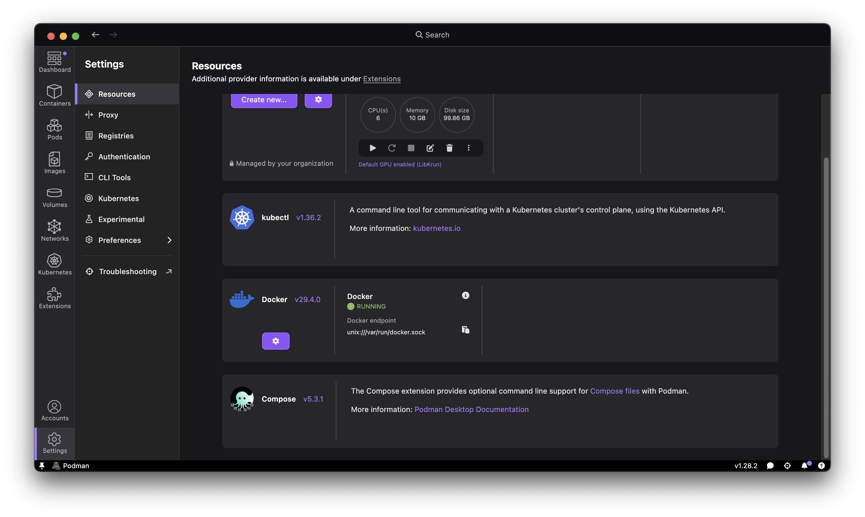 Settings > Resources showing Docker provider running
