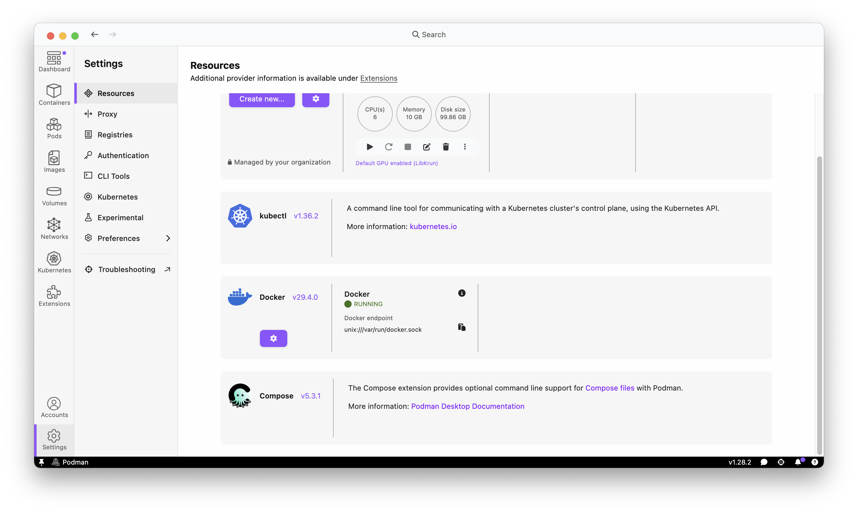Settings > Resources showing Docker provider running