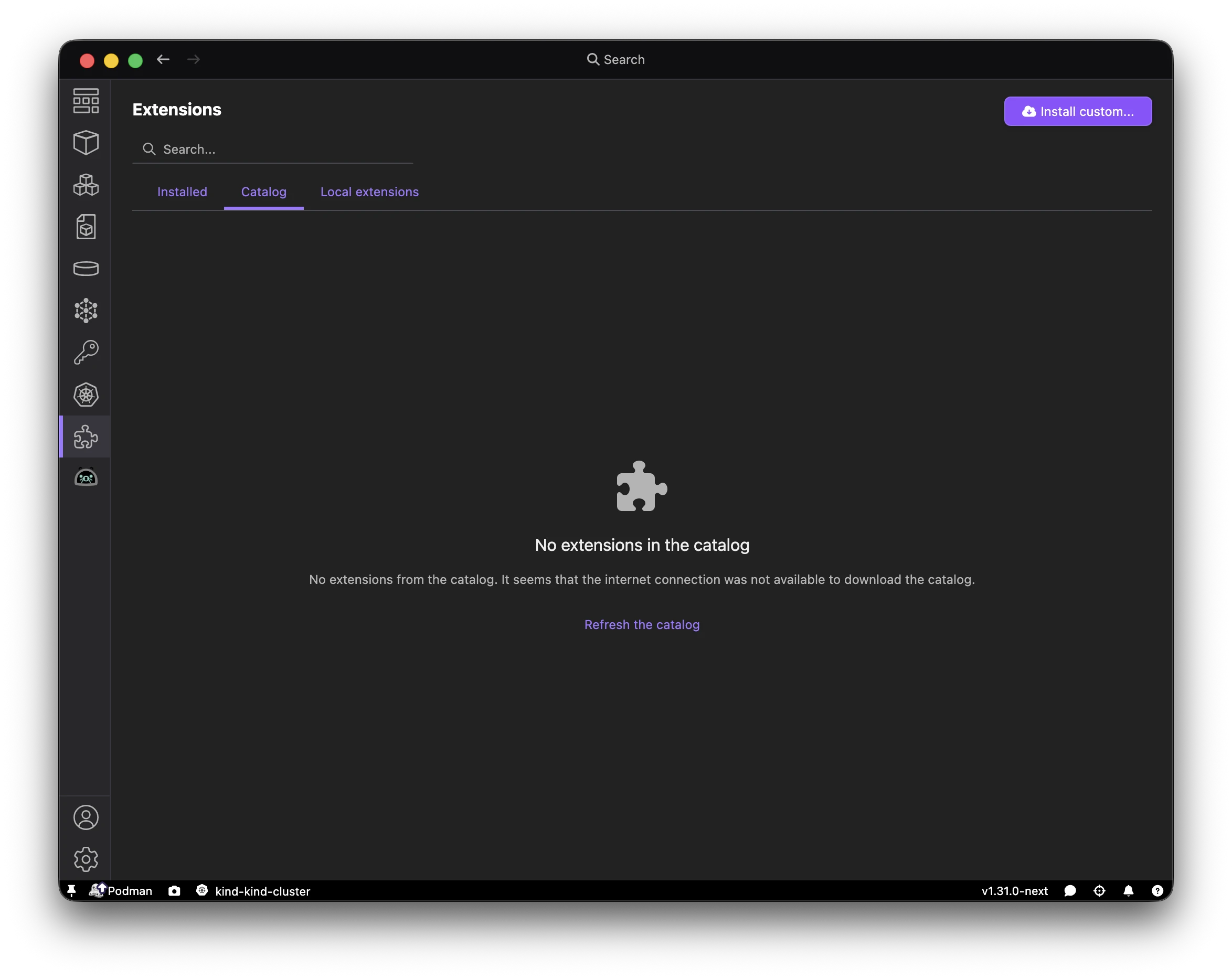 Podman Desktop Catalog view with no extensions