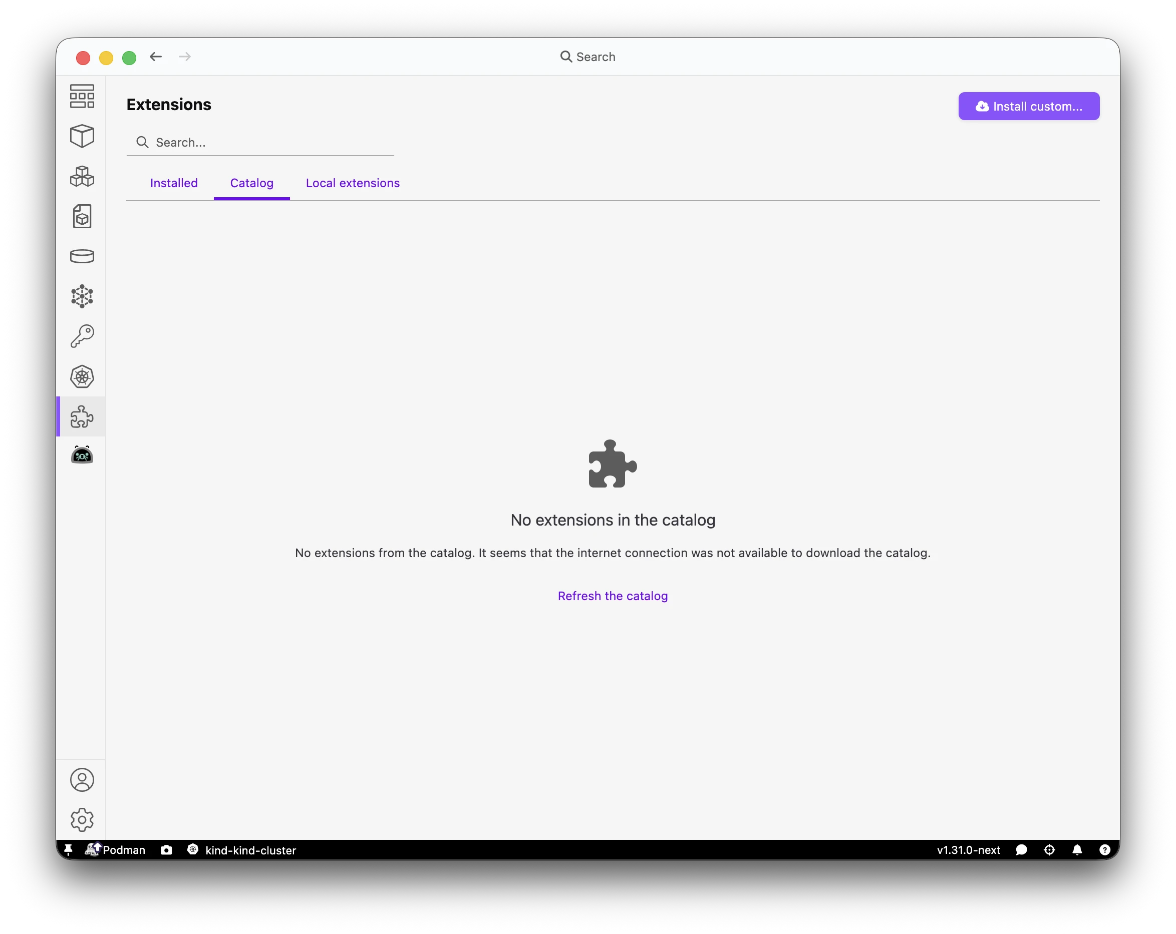 Podman Desktop Catalog view with no extensions