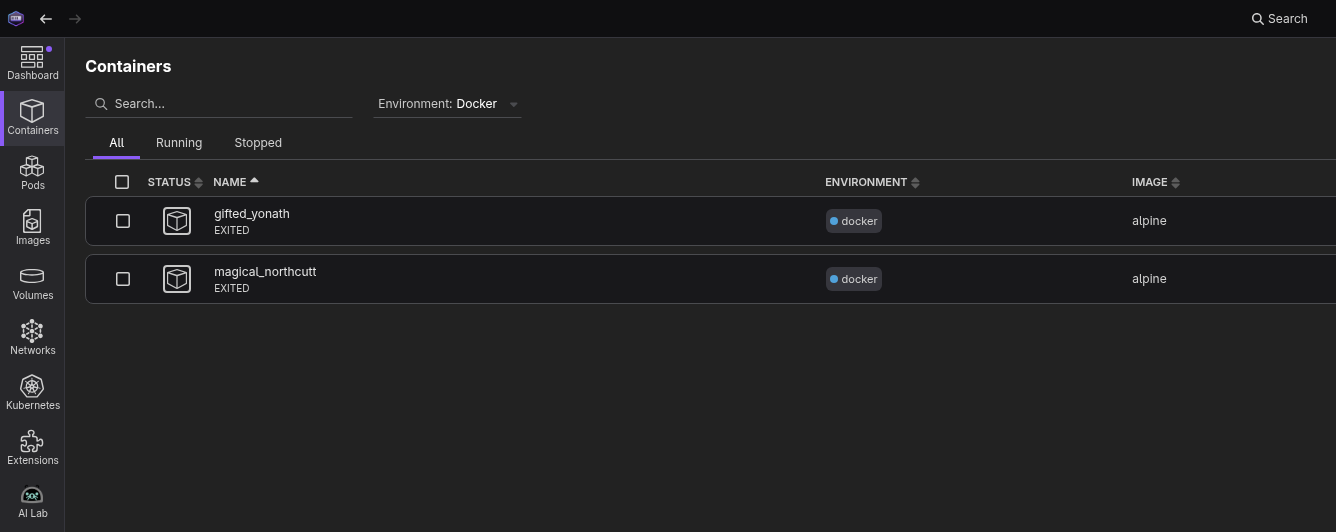Environment filter showing Docker resources