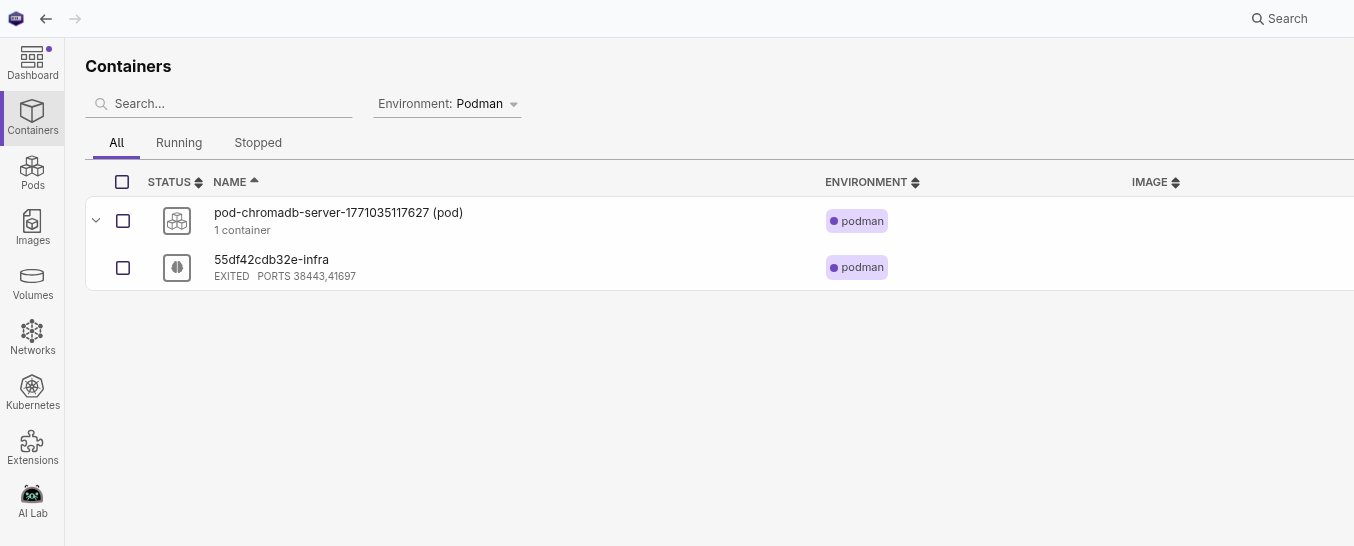 Environment filter showing Podman resources