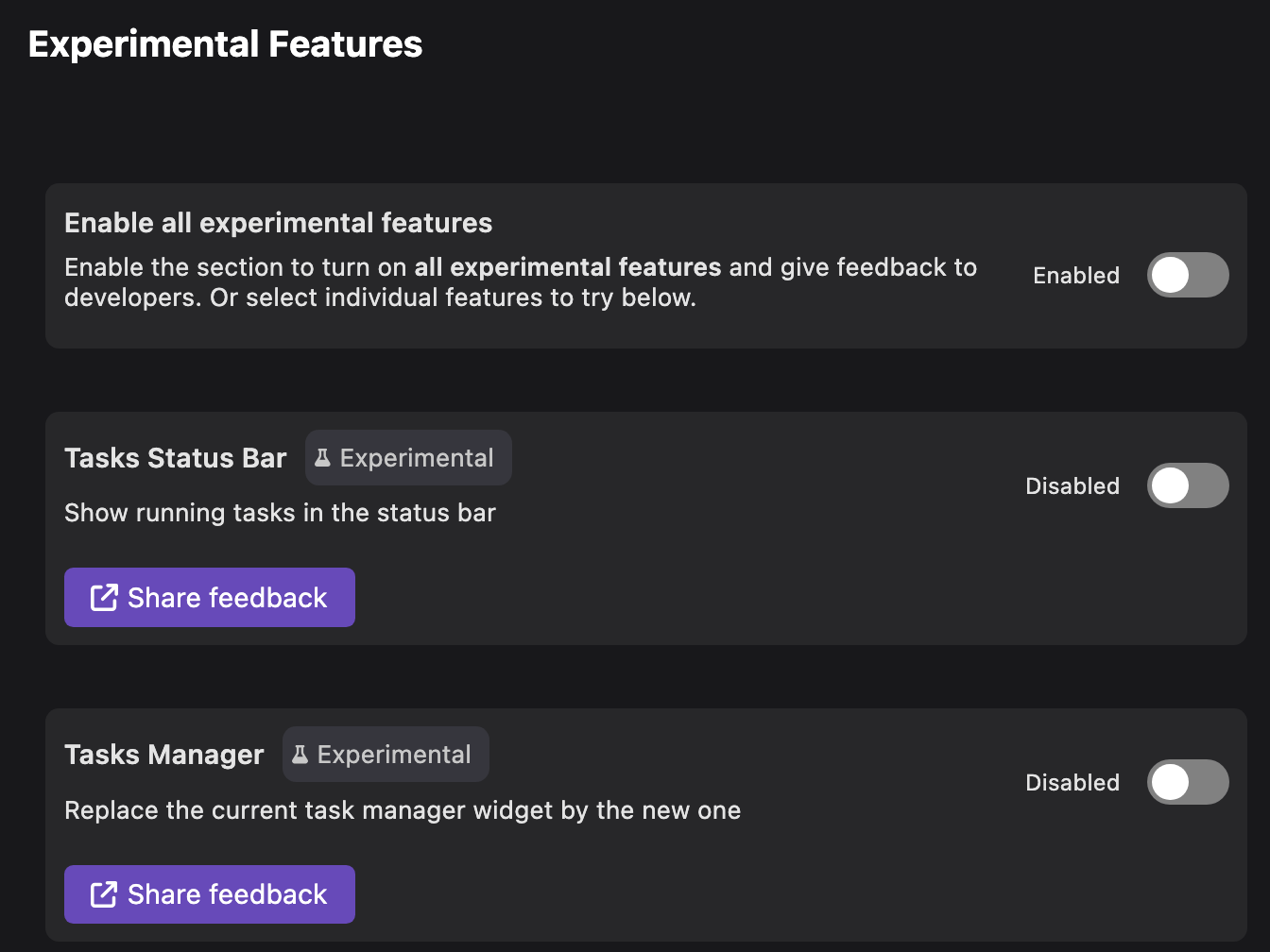 experimental features page