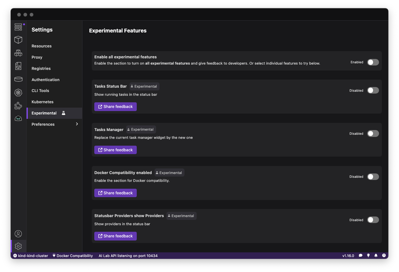 Experimental Features Settings