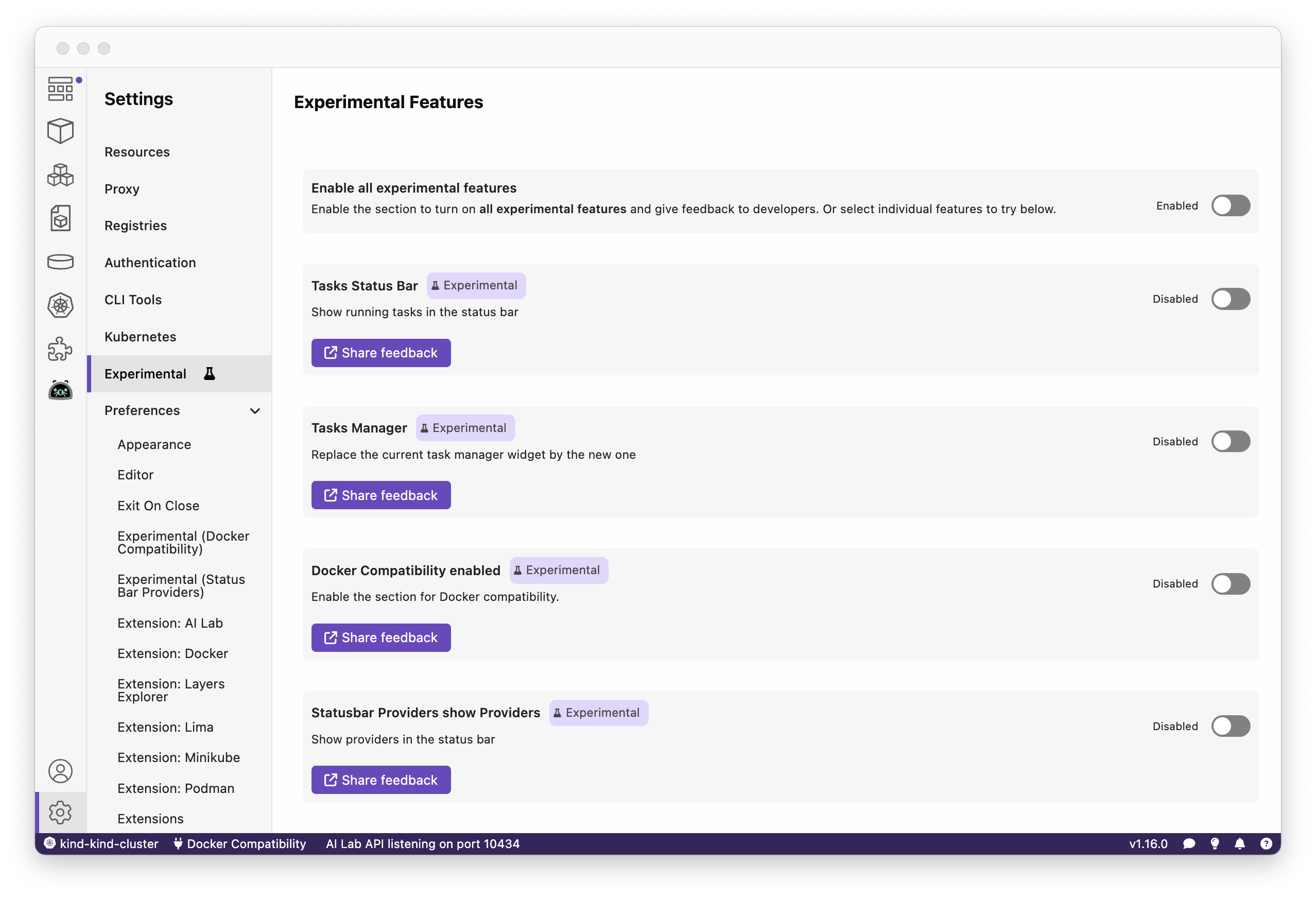 Experimental Features Settings