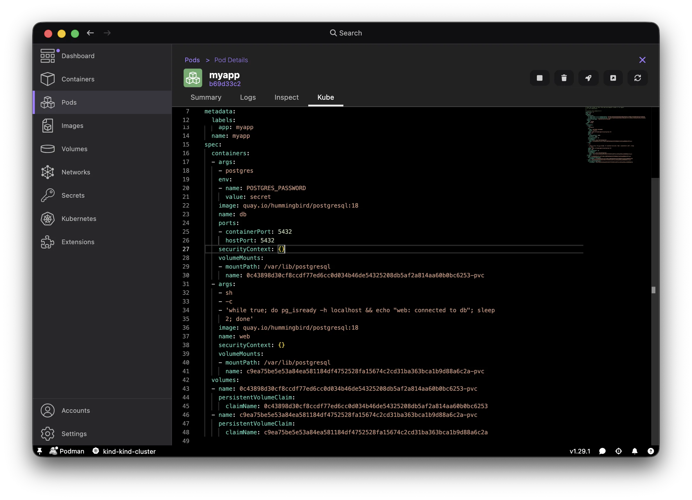 Podman Desktop Generate Kube action on the myapp pod, showing the generated YAML
