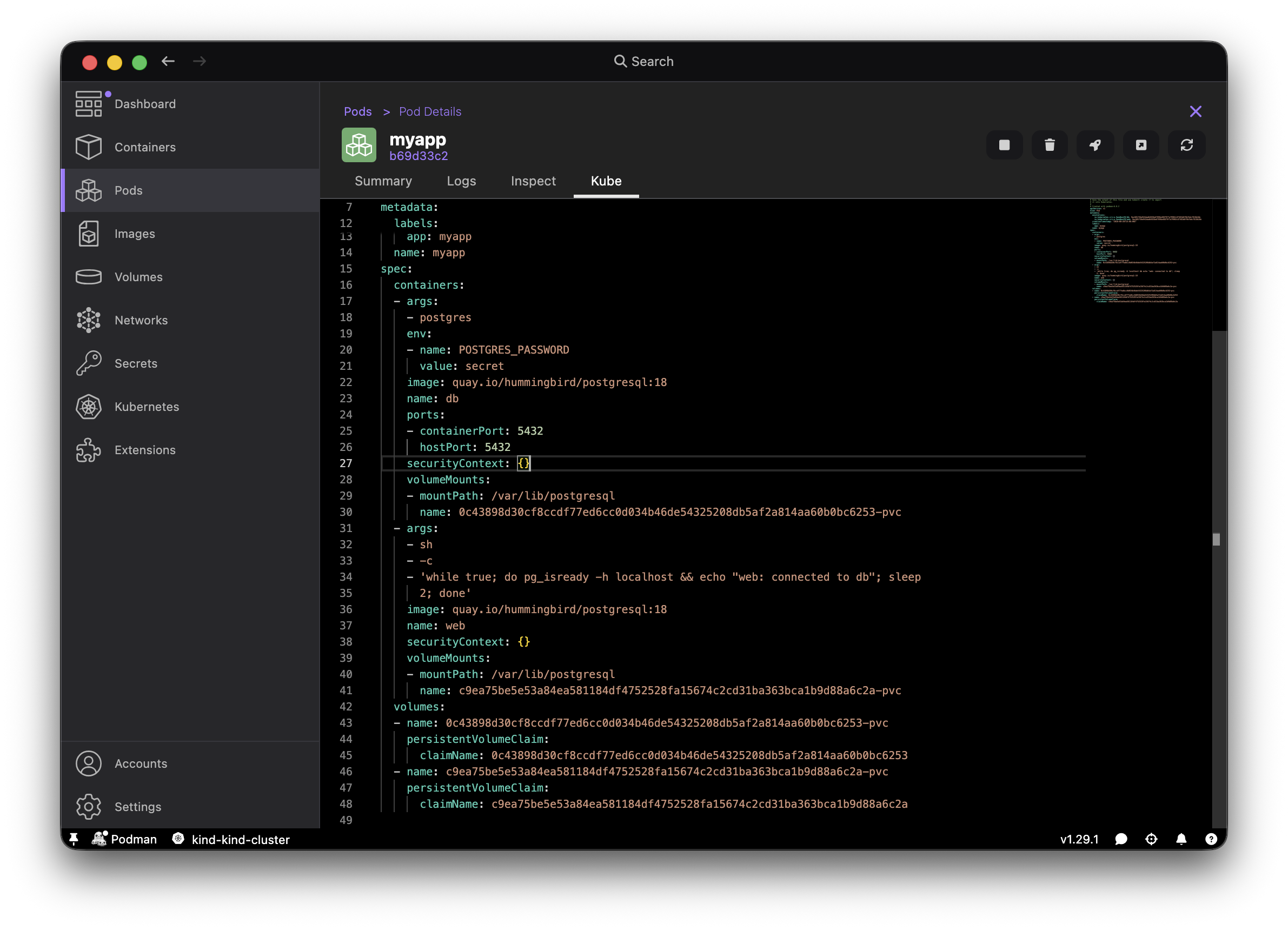 Podman Desktop Generate Kube action on the myapp pod, showing the generated YAML
