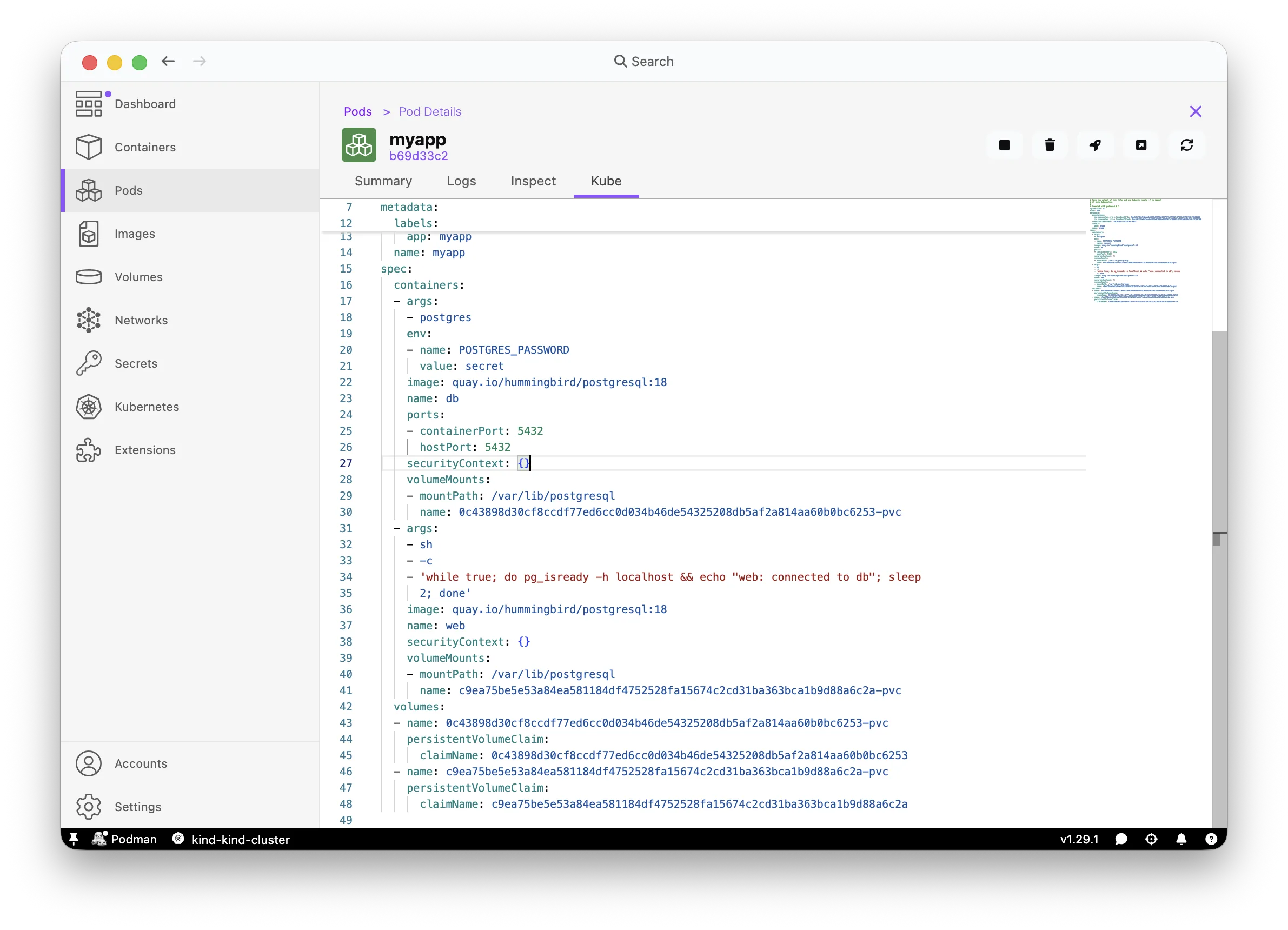 Podman Desktop Generate Kube action on the myapp pod, showing the generated YAML