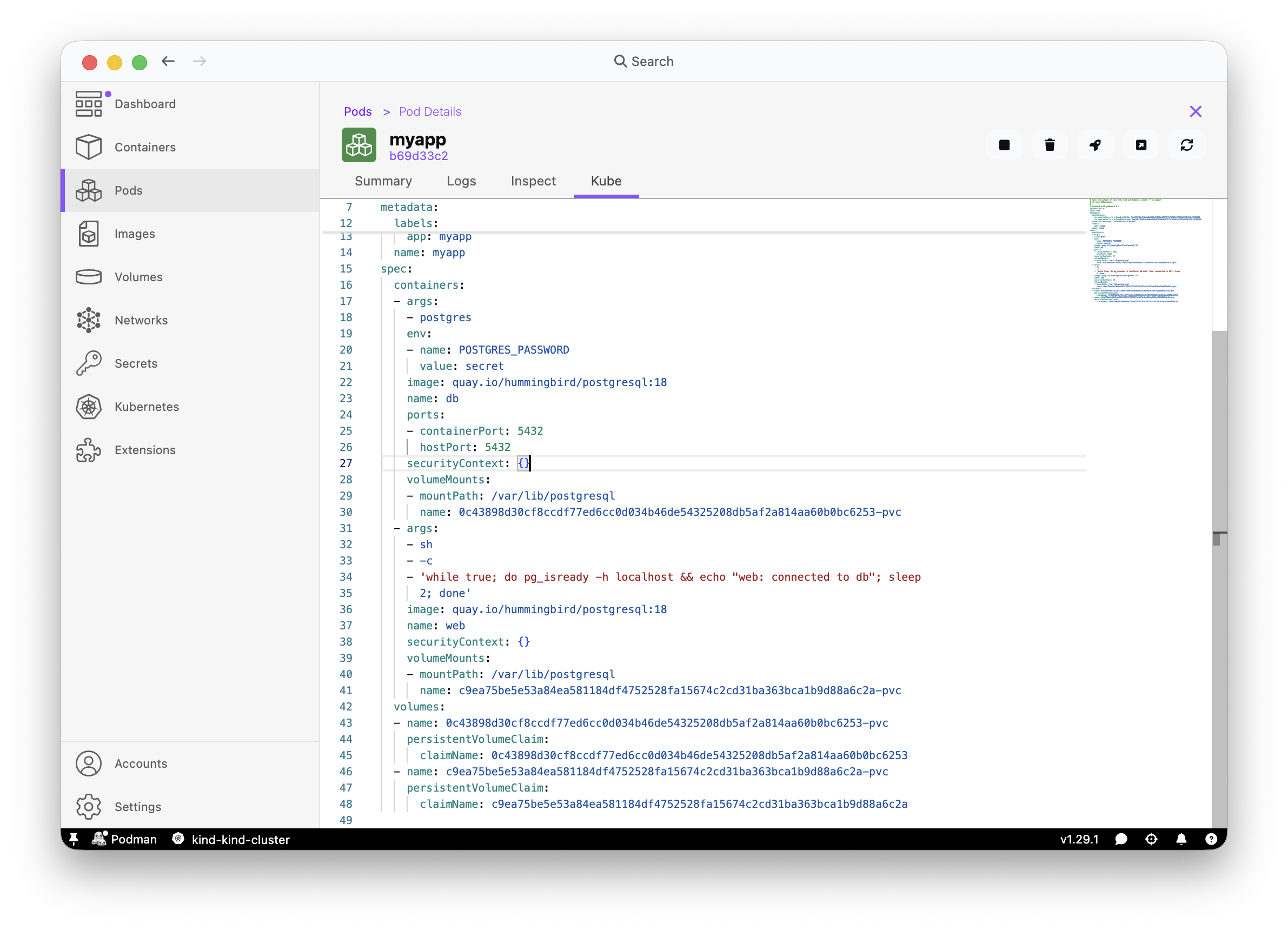 Podman Desktop Generate Kube action on the myapp pod, showing the generated YAML