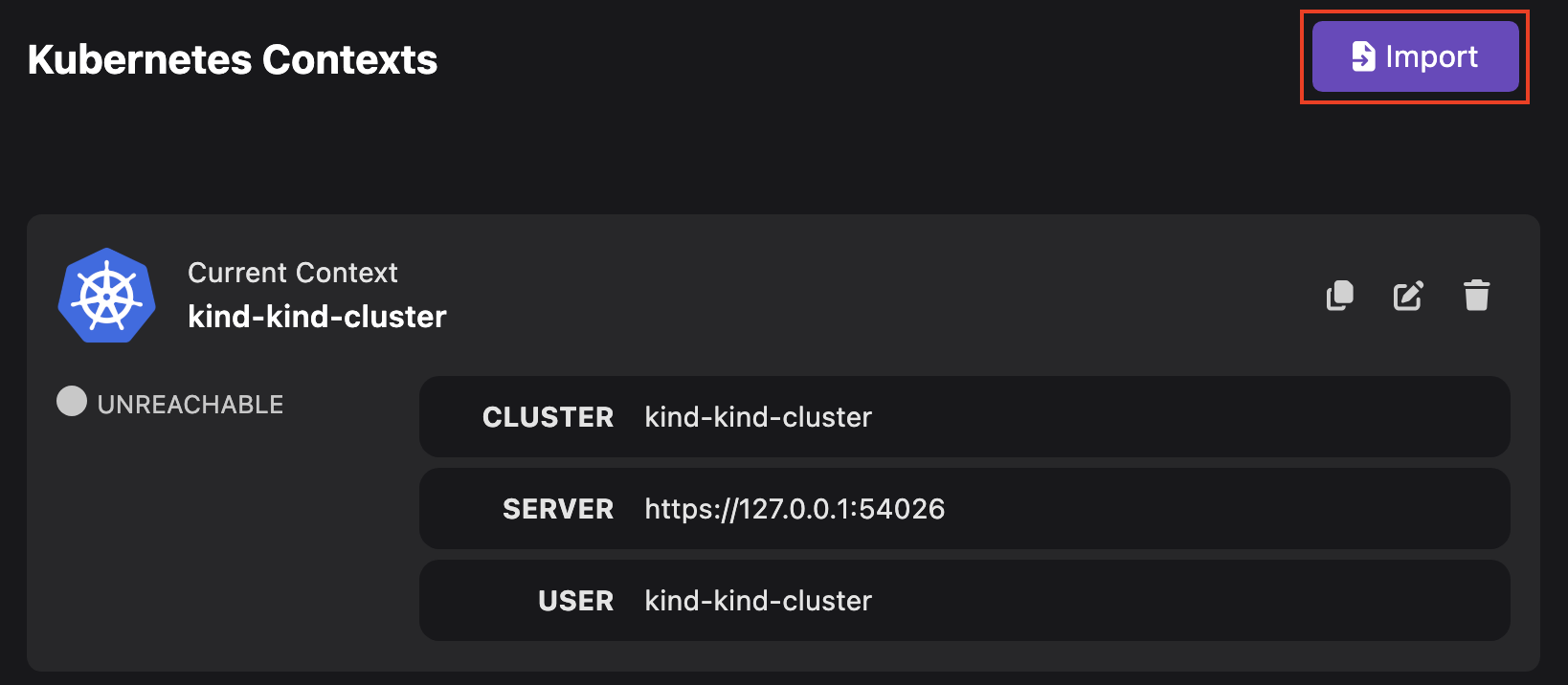 Import button on the Kubernetes settings page