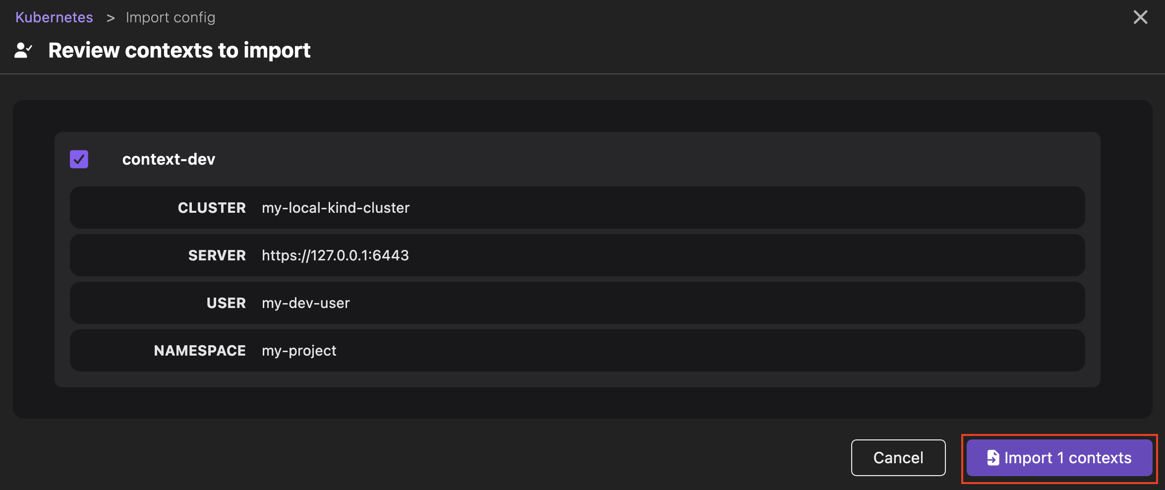 import contexts button