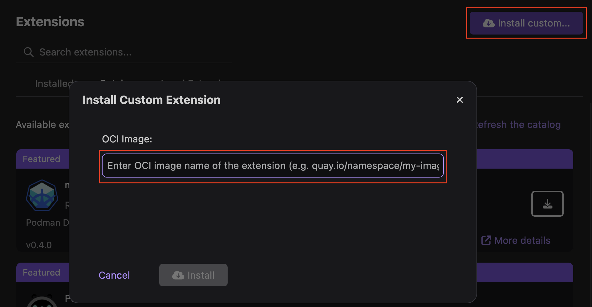 Install Custom Extension Dialoge